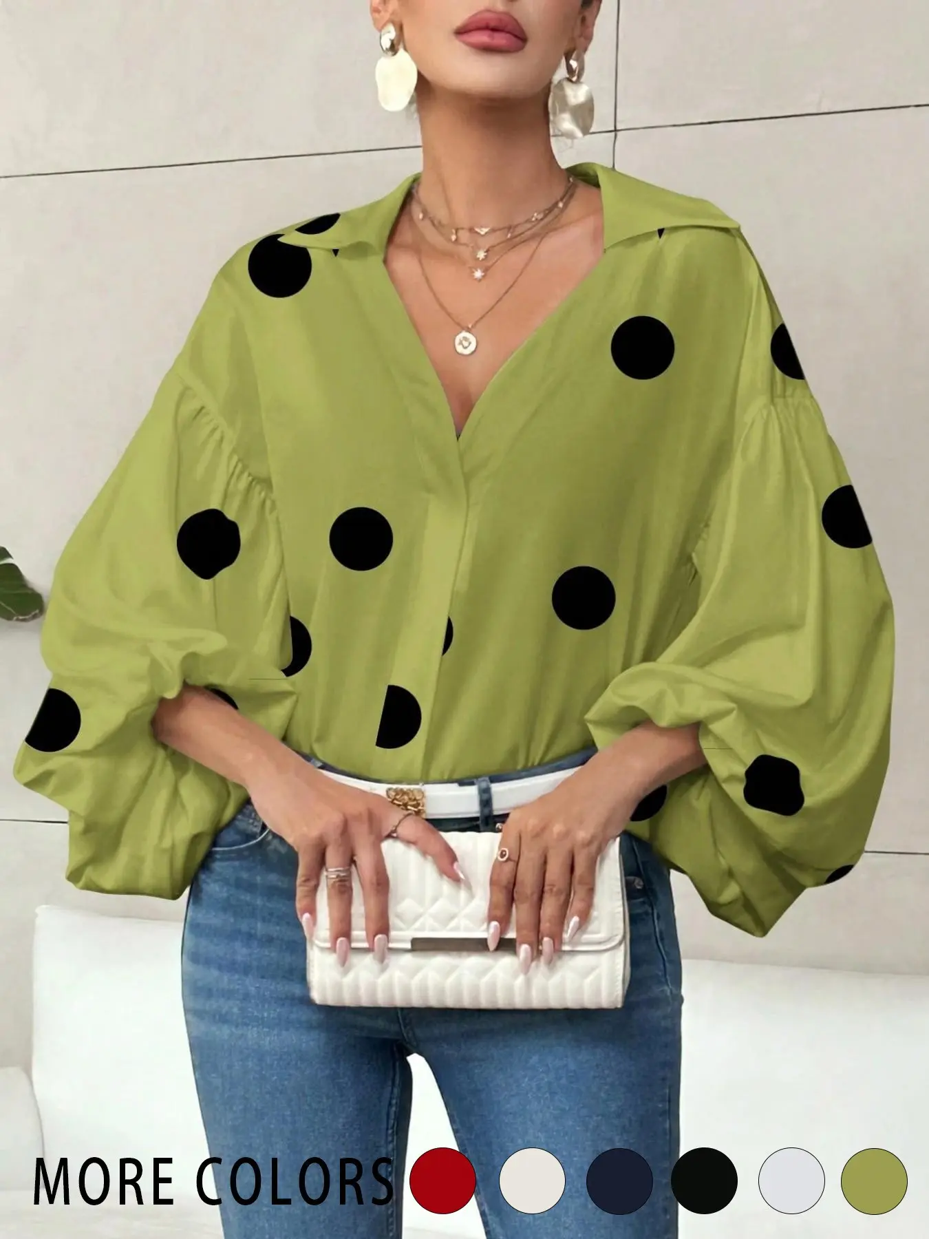 French Polka Dot Half-Open Collar Loose Puff Long Sleeve Blouse, Casual Women's Top Blouse Shirt French Polka Dot Half-Open Collar Loose Puff Long Sleeve Blouse, Casual Women's Top Blouse Shirt