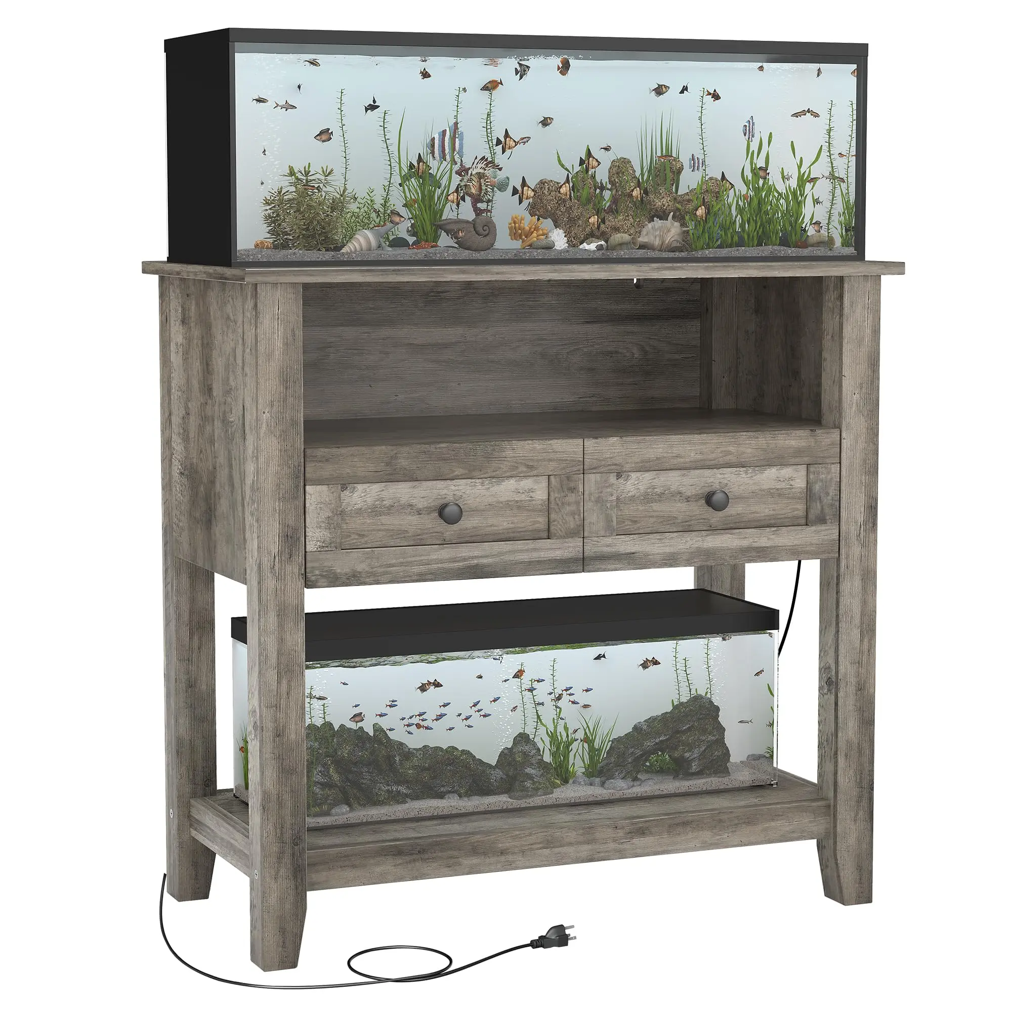 Heavy Duty 660 lbs Aquarium Stand for 20-29 Gallon Fish Tanks - With Charging Station, Drawers & Open Storage - Ideal for Reptile or Turtle Tanks