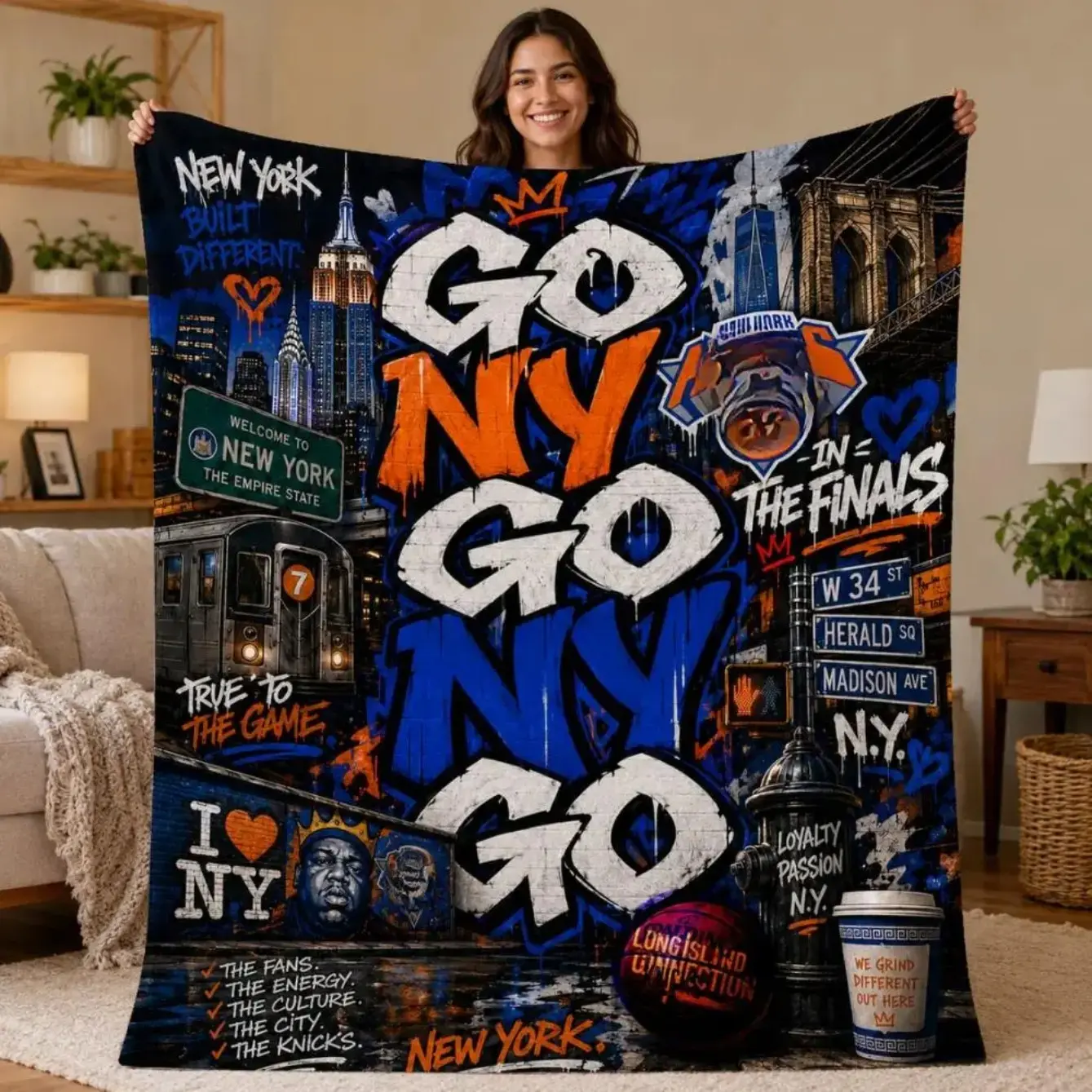 Go NY Go NY Go Throw Blanket Blue Orange Basketball Inspired Soft Cozy All Season Blanket for Sofa Bed Couch Game Day Sports Fan Birthday Christmas Holiday Home Decor Gift Blanket