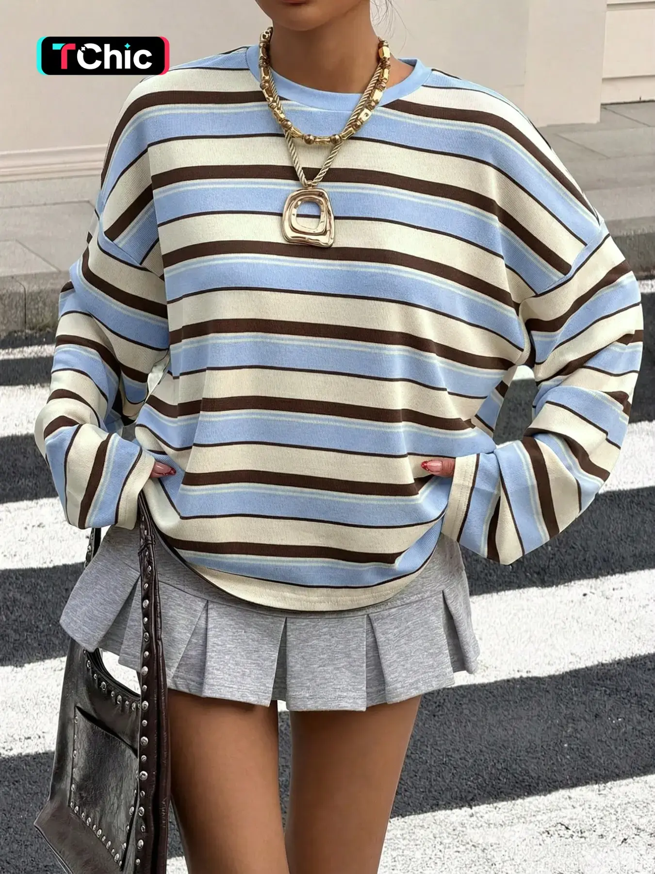 1 Piece Women Crew Neck Horizontal Stripe Striped Long Sleeve Loose Casual Top, Drop Shoulder Oversized Daily Going Out Blouse