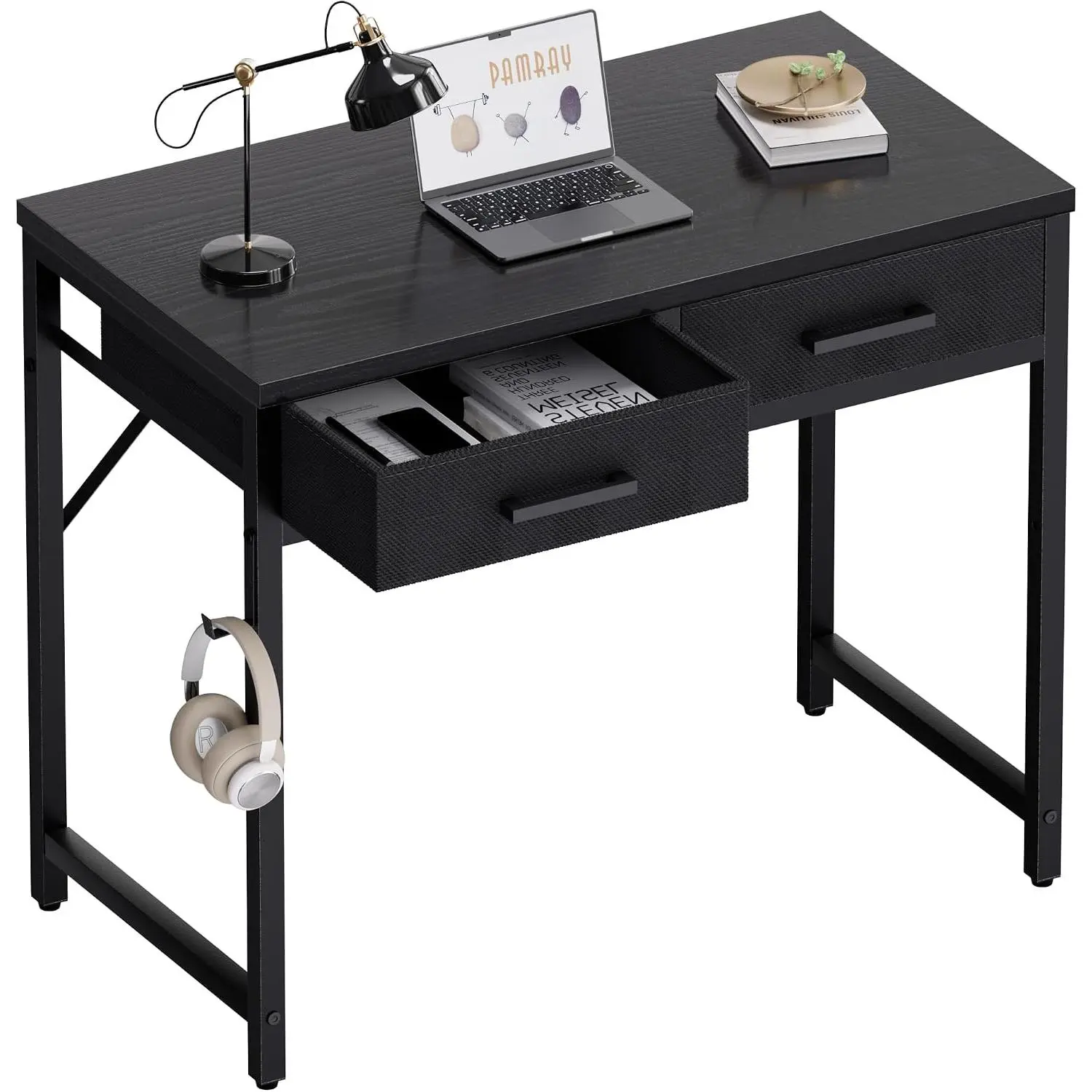 32-Inch Small Desk with 2 Drawers - Compact Indoor Furniture for Bedroom, Study, Home Office Black, Rectangular
