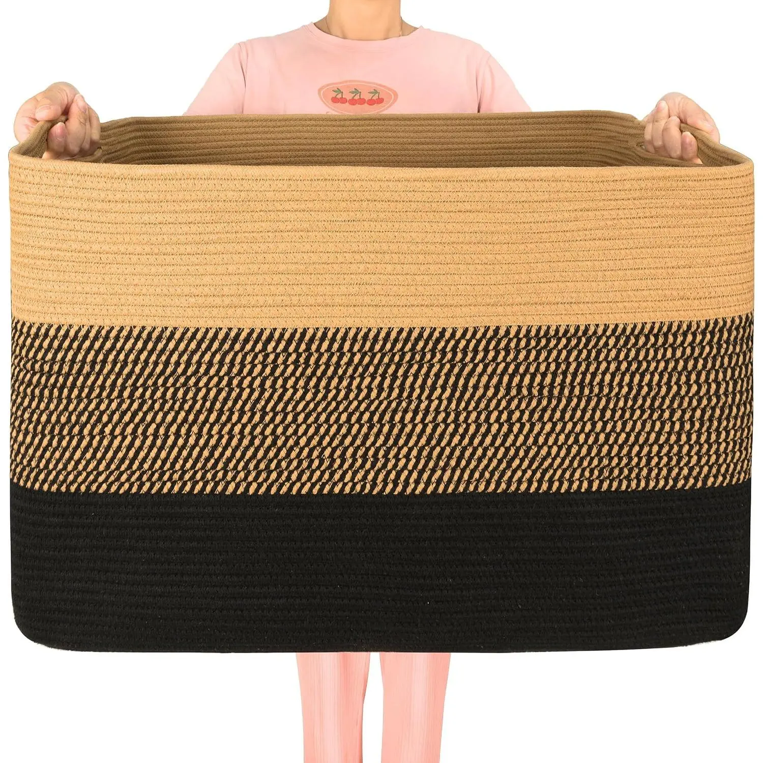 112L Extra Large Rectangle Rope Woven Storage Basket with Handles - 25"x17"x16" Black Jute Blanket Basket Holder for Laundry, Pool Towels, Shoes, Dog Toy Organizer Bin Box