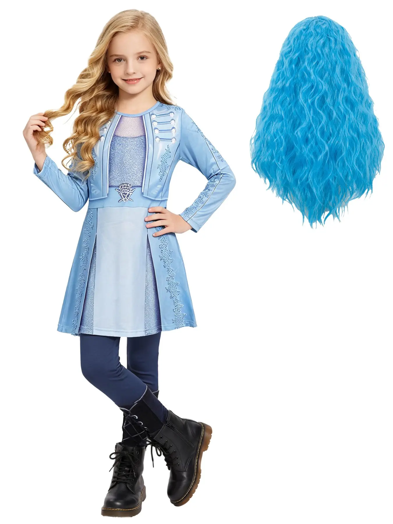 Cute Gradient Blue Costume Set for Girls, Elegant Role-Playing with Wig, Perfect for Birthday Parties and Events