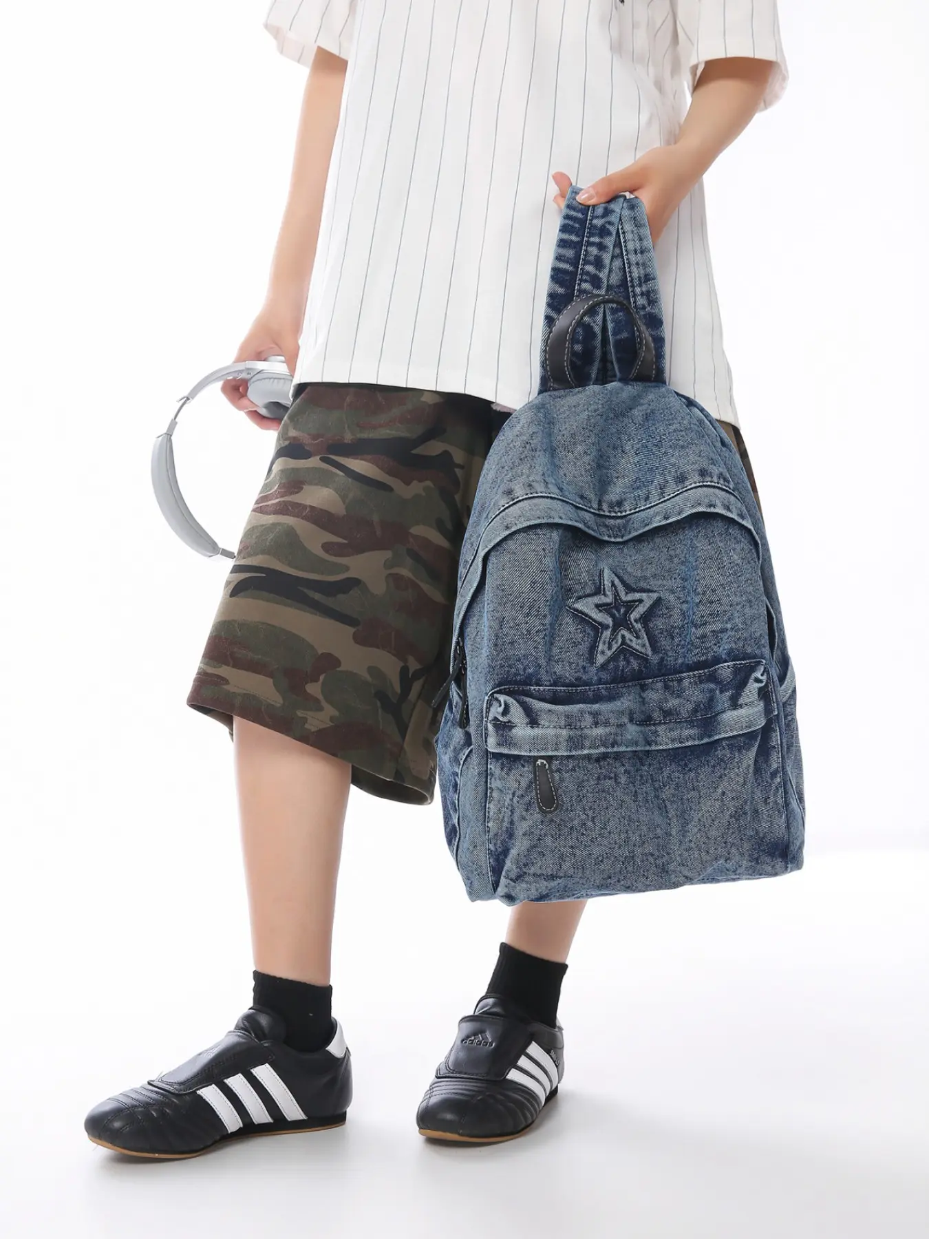 2026 Washed Vintage Denim Backpack, Star Embossed Casual Bookbag, Multi-Compartment Front Pocket, Lightweight Student Backpack, Lightweight Daily Backpack