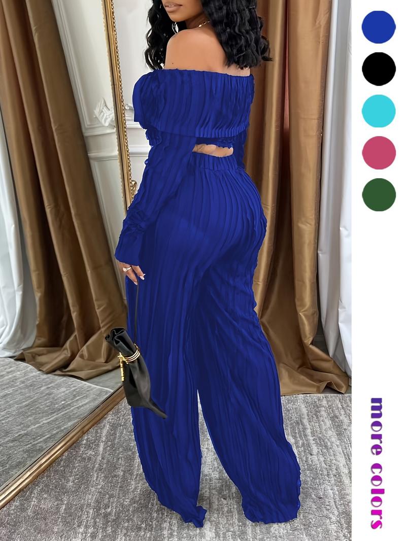 Lady 's Solid Off Shoulder Top & Wide Leg Pants Set, Elegant Loose Fashion Casual Two Piece Outfits for Daily Outdoor Wear, Casual Summer Set, Women Clothes for All Seasons, Womenswear