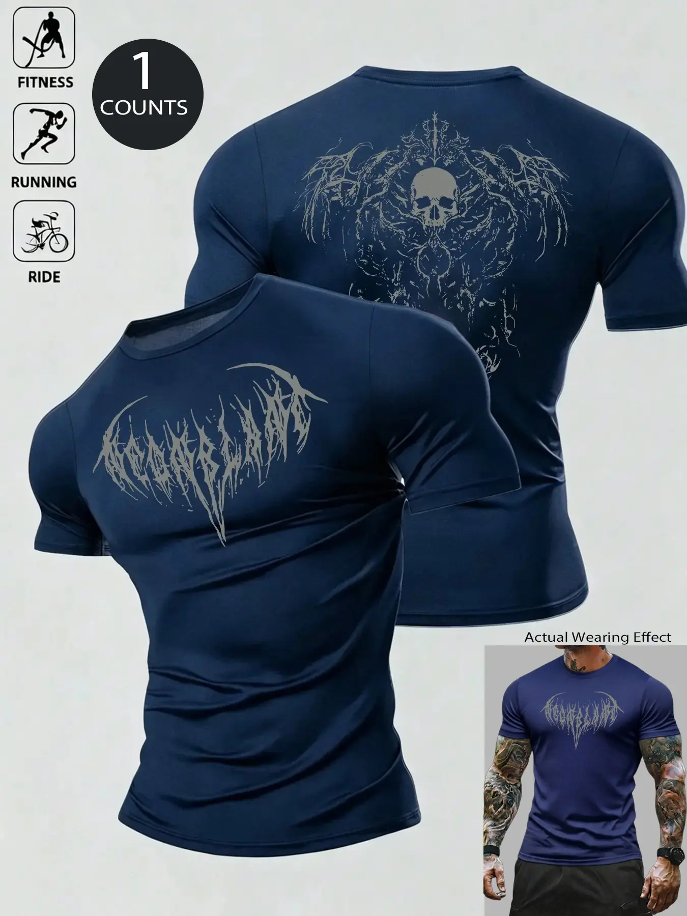 Men's Slim Fit Gym Short Sleeve Fitness Workout Shirt with Gothic Skull Print, Quick-Dry & Breathable Athleisure T-Shirt, Athletic Tee, Multi-Wear Versatile Top, Versatile Sportswear, Ideal for Weightlifting, Running, Daily Commute, Muscle-Accentuating