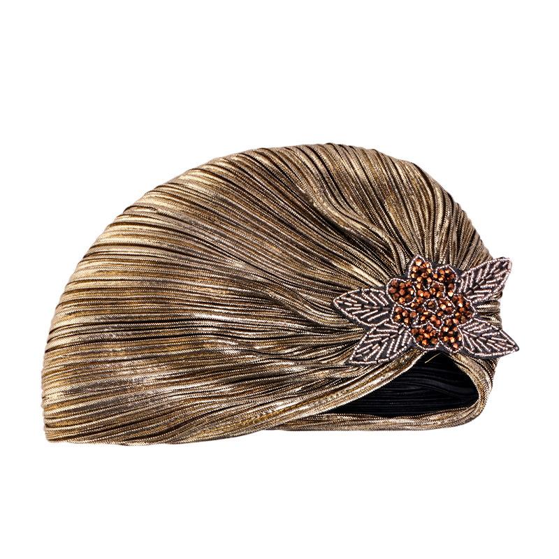 Clover Rhinestone Gold Foil Pleated Turban, Ethnic Print Head Wrap Cap