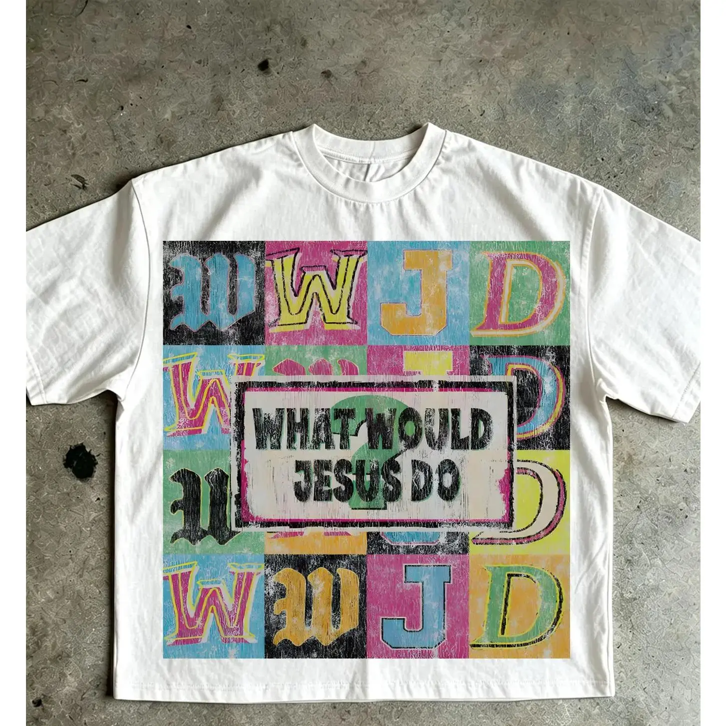 Unisex Retro Streetwear T-Shirt with 'what Would Jesus Do' Graphic, Fitted Short Sleeve Cotton Tee for Y2K Style, Casual Wear Gift for Men