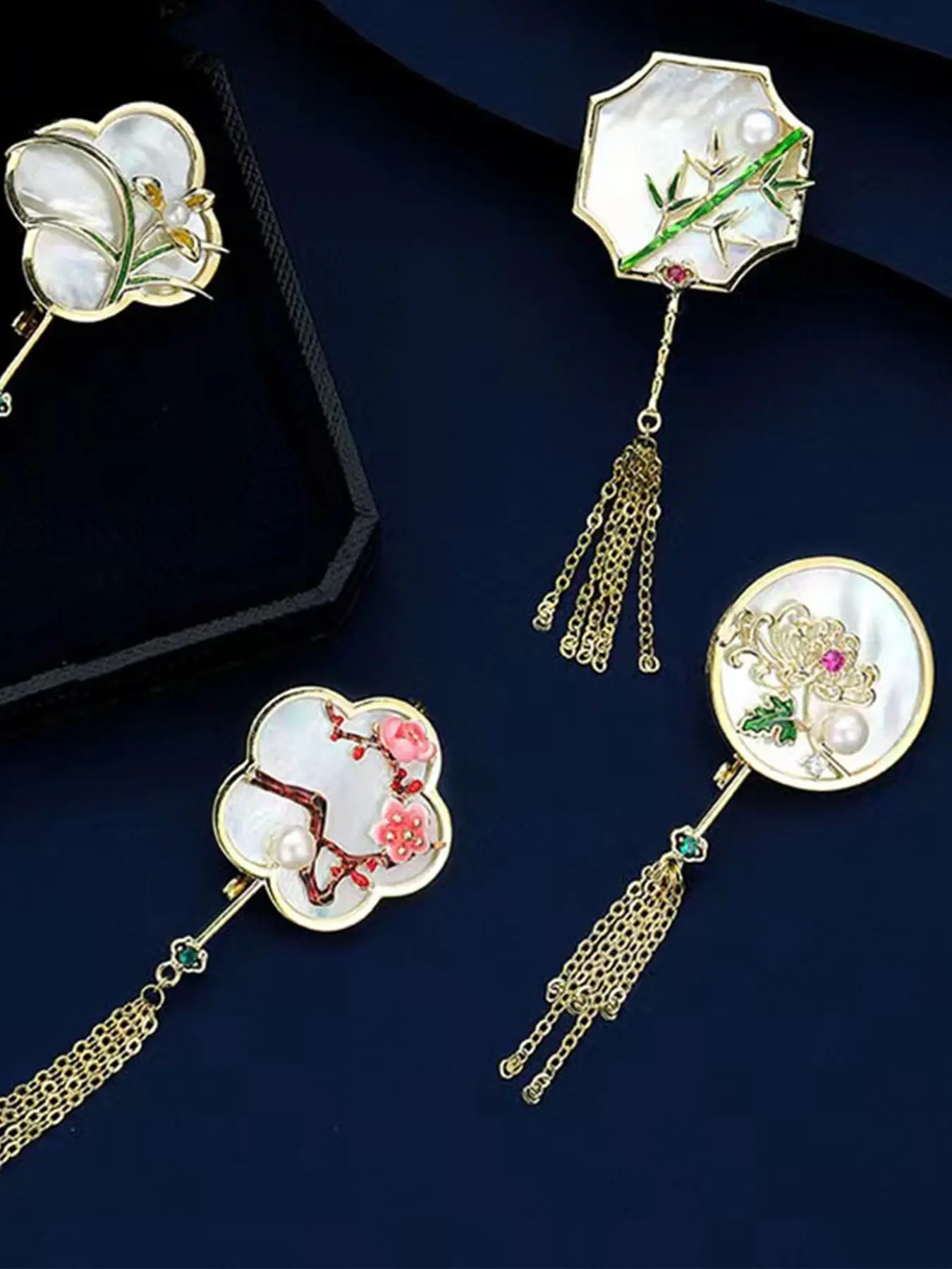 Traditional Fan Brooch, Shell Inlaid Plum Bamboo Chrysanthemum Flower Lapel Pin, Fringe Pendant Vintage Brooch, Qipao Dress Accessory, Gift