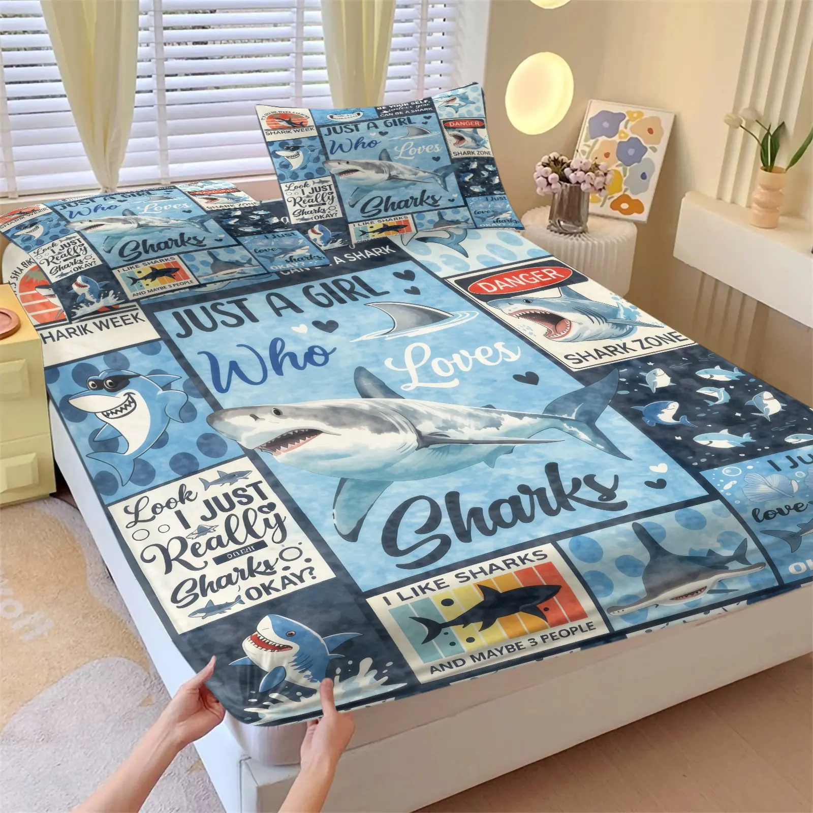 American Cartoon Shark Printed Fitted Sheet Set, 1 Fitted Sheet and 2 Pillowcases No Core, Creative Poster Grid Collage & Personalized Black White Text Bedding, Fun Ocean Style for Warm Healing Bedrooms