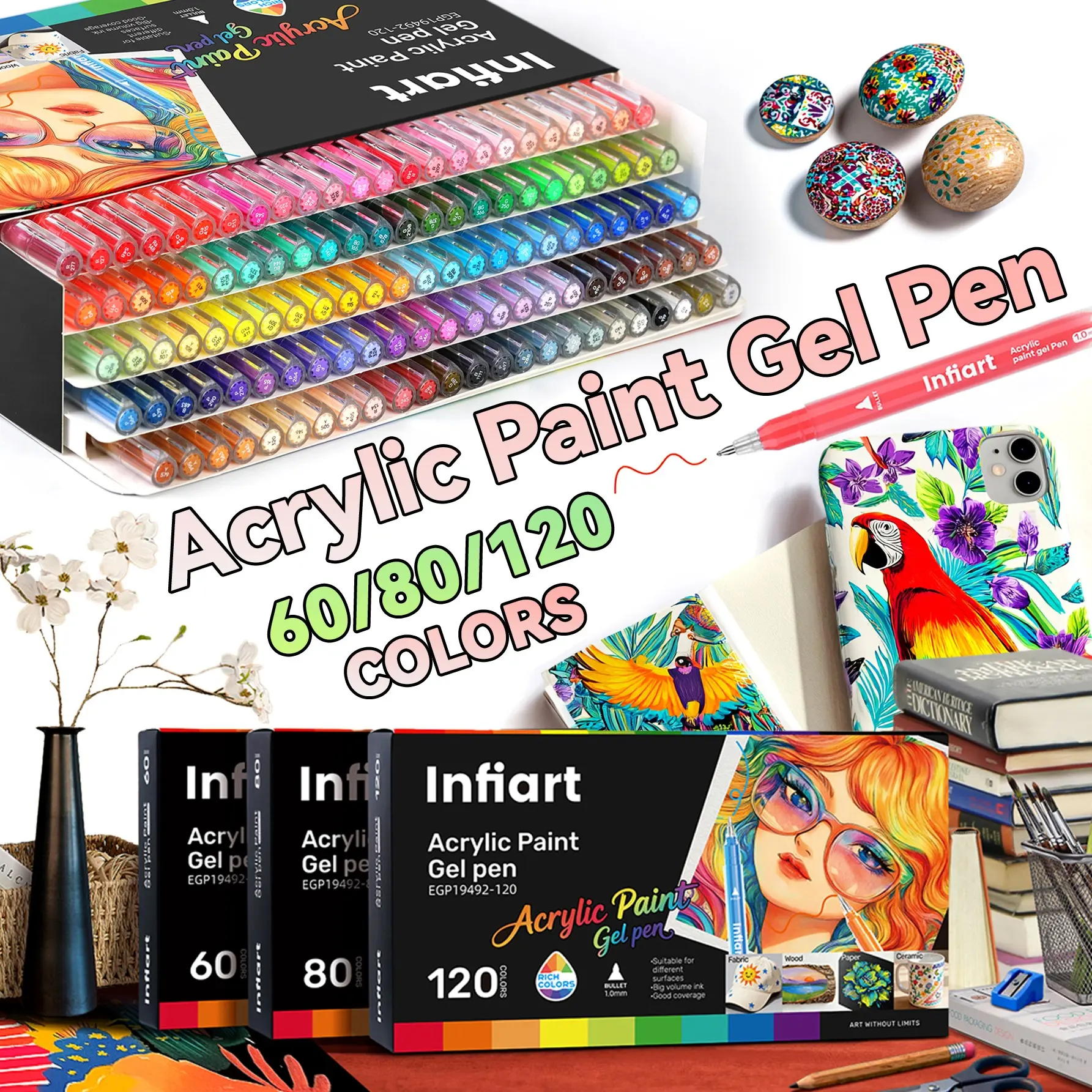Infiart Acrylic Gel Pen Set, 60/80/120 Colors, Stackable, 1.0mm Tip, Full Color Large Capacity, Artist Supplies for Painting, Anime, Comics, Drawing Pens
