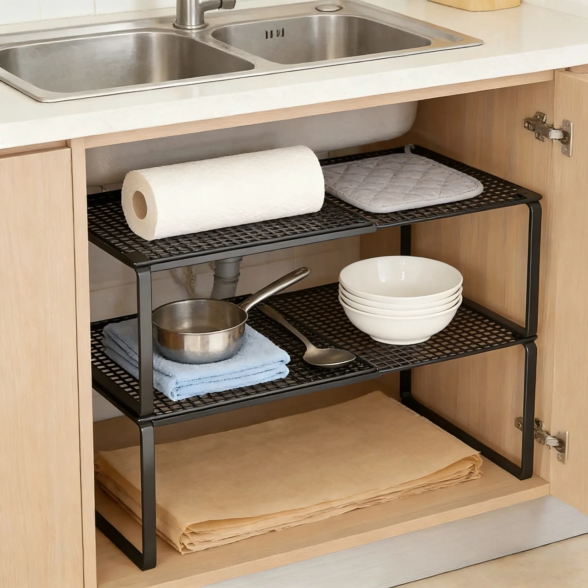Expandable Under Sink Storage Rack, Adjustable Shelf Organizer, Multi-purpose Storage Shelf for Kitchen Cabinet Wardrobe Shoes, Suitable for Countertop and Closet Use, Adjustable Metal Racks