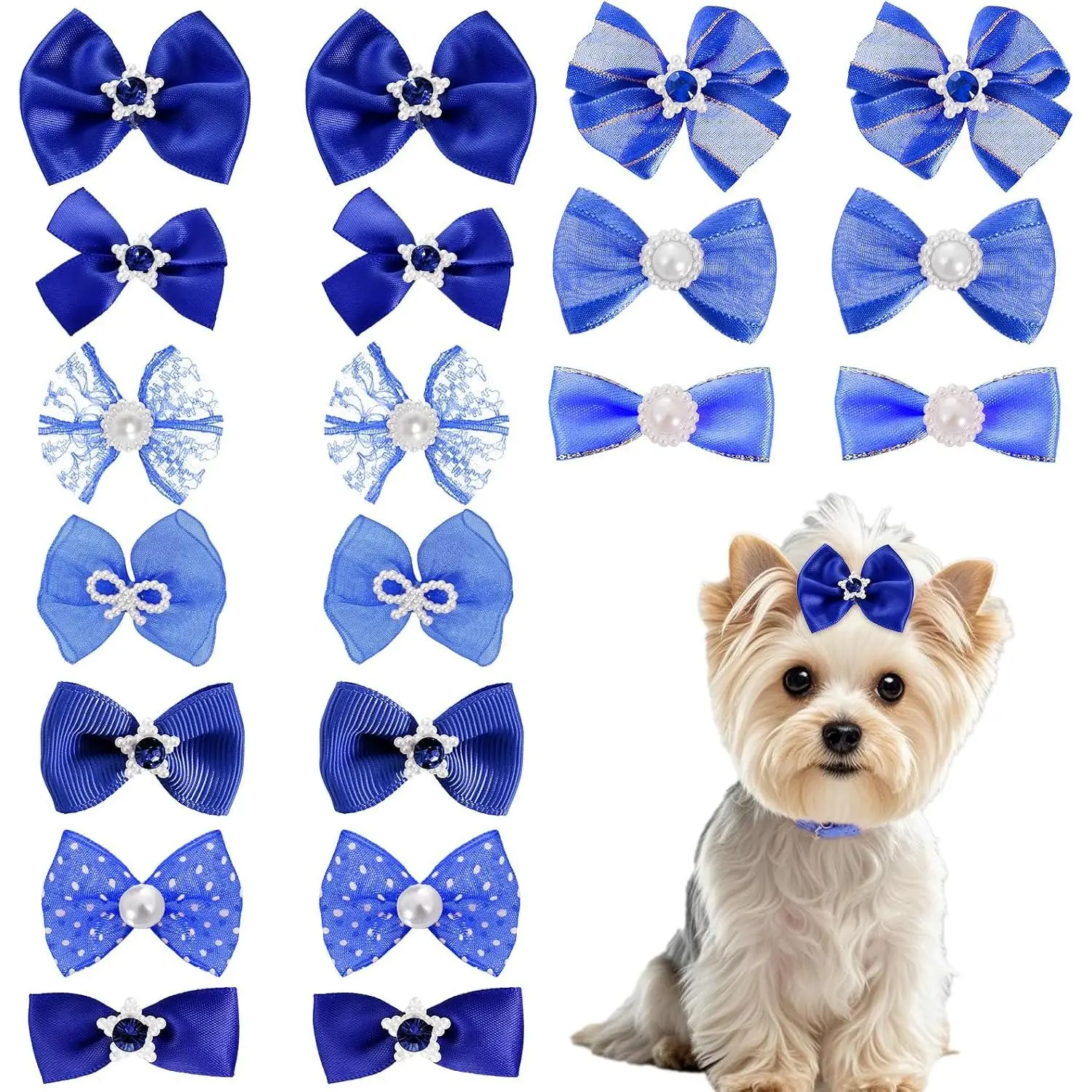 20 count Cute  Hair Bows with Rubber Bands Elastic  Mix Style Lace Rhinestone  for Furry Puppy   Girl, Dark Blue