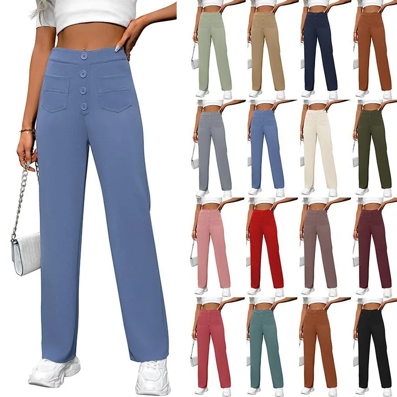 High-Waisted Wide-Leg Pants for Women, Casual Loose Fit Full Length Trousers with a Button Front and Pockets, Bottoms, Casual Outing, Casual Korean