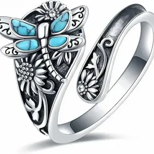 Vintage Boho Turquoise Dragonfly Sunflower Wrap Open Ring, Retro Bohemian Adjustable Finger Jewelry for Women Daily & Luggage Decor