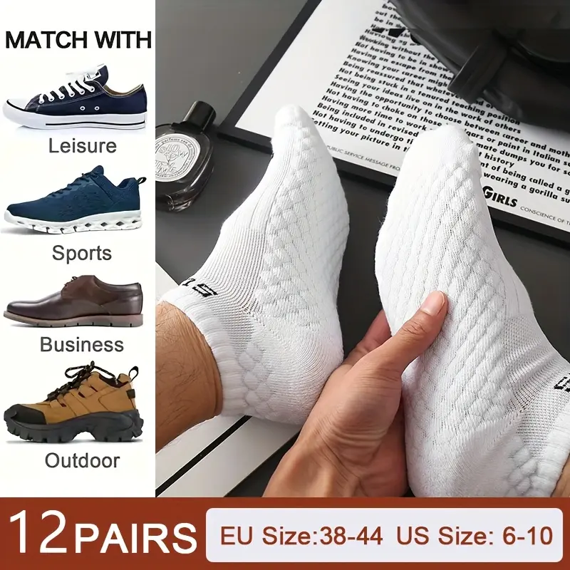 12 Pairs of Men's Invisible Socks - Moisture-wicking, Breathable Sports Socks with Anti-slip Grip. Made of 95% Polyester and 5% Spandex. Solid Color, Suitable for Sports, Outdoor and Daily Wear. Machine Washable.