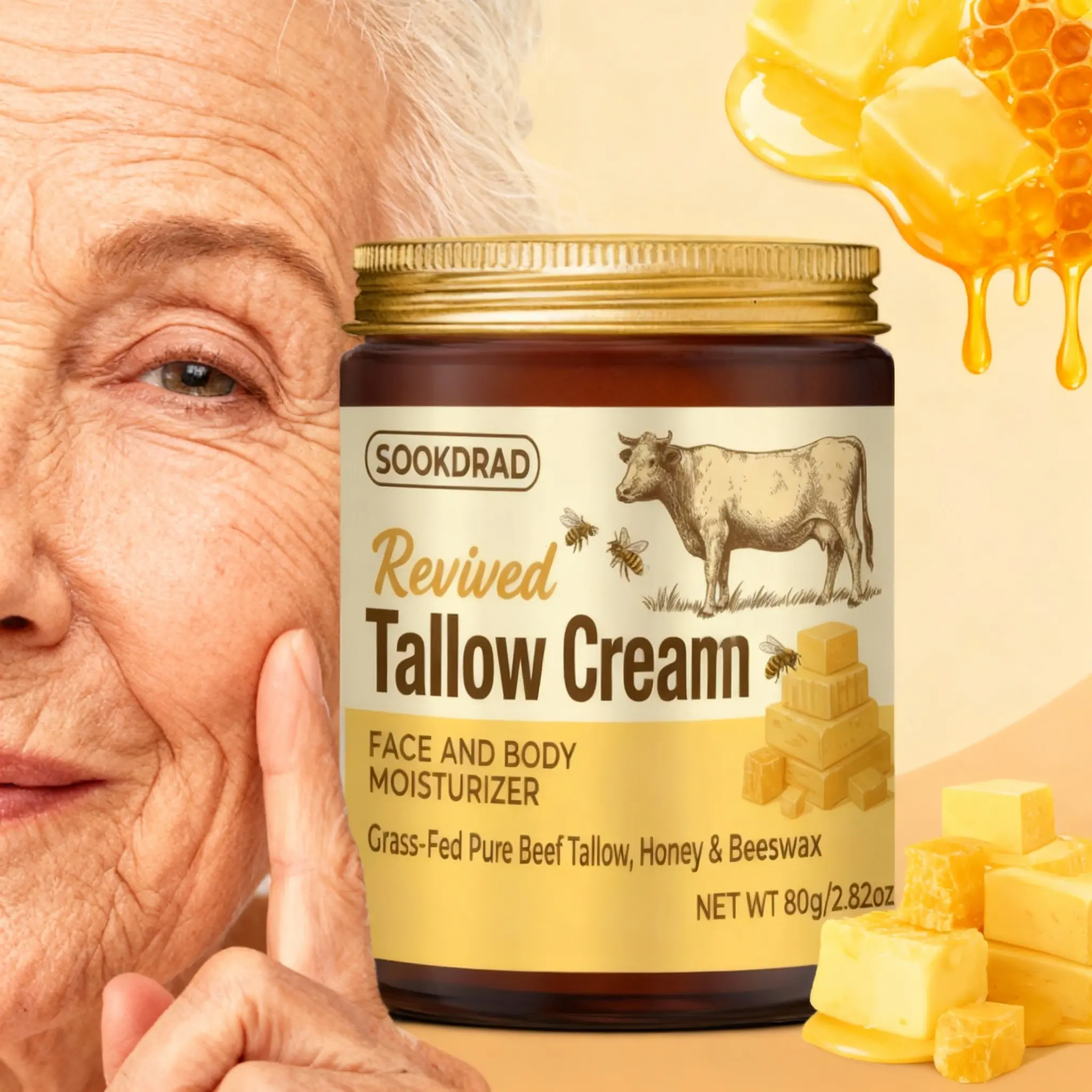 Revitalizing Beef Fat Balm, Grass-Fed Pure Beeswax Honey, Gentle Nourishment, Face & Body, All Ages, 80g, Sensitive Skin Friendly, Home Care, Moisturizers