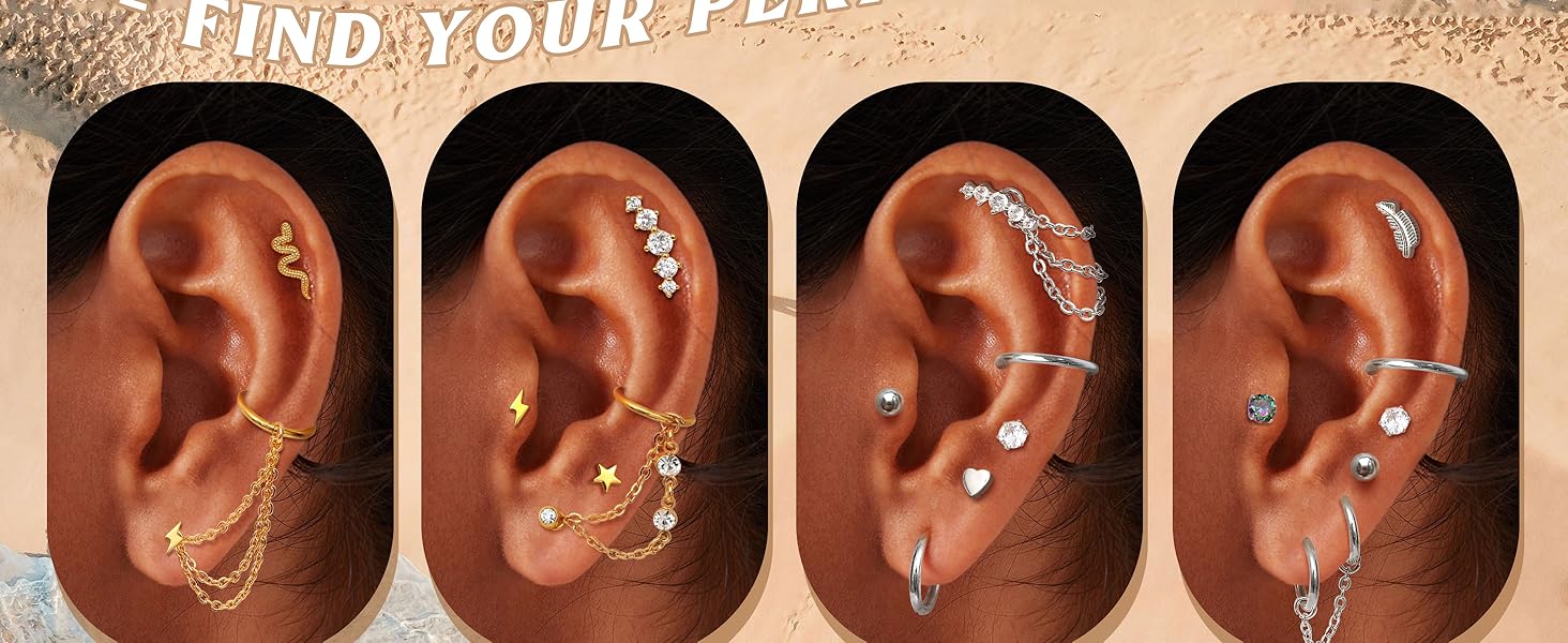 LOLIAS 33Pcs 20G Cartilage Earrings Set for Women Men Surgical Steel Helix Earrings Cute CZ Opal Star Heart Snake Small Hypoallergenic Flat Back Stud Earrings Hoop Chain Dangle Conch Daith Helix Tragus Cartilage Piercing Jewelry Stack
