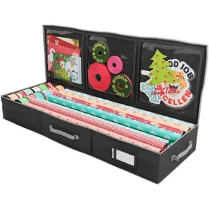 Wrapping Paper Storage Container Gift Wrap Organizer Under Bed 41”x14”x6” Box Holder for 18-24 Rolls Up to 40” 600D Oxford Material Pockets for Ribbon, Bows, and Accessories (Black)