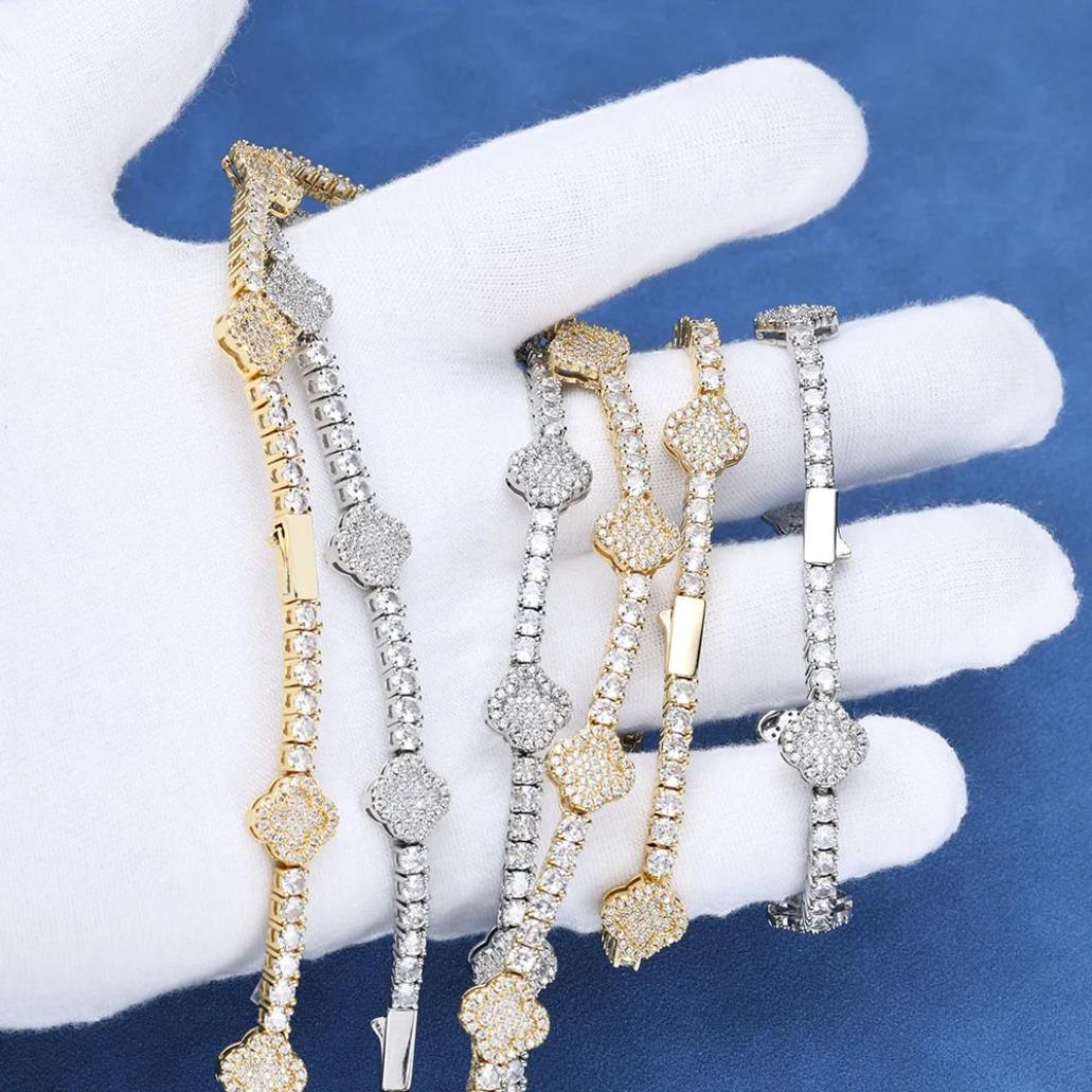 Luxury Iced Out Flower Necklace Bracelet Set Diamond Bling Jewelry for Women Gold Silver Chain Set