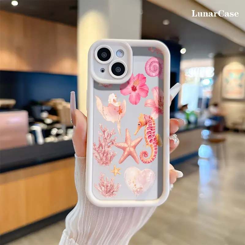 Phone Case: Seahorse Shell Starfish Coral Pink Heart Shell Premium Tiered Groove Phone Case, Anti-Scratch Drop Resistant Slim Protective Cover, Compatible with iPhone 17 E Air 16 15 14 Pro Max Plus 13 12 Mini 11 X XS XR, Trendy Stylish Gift
