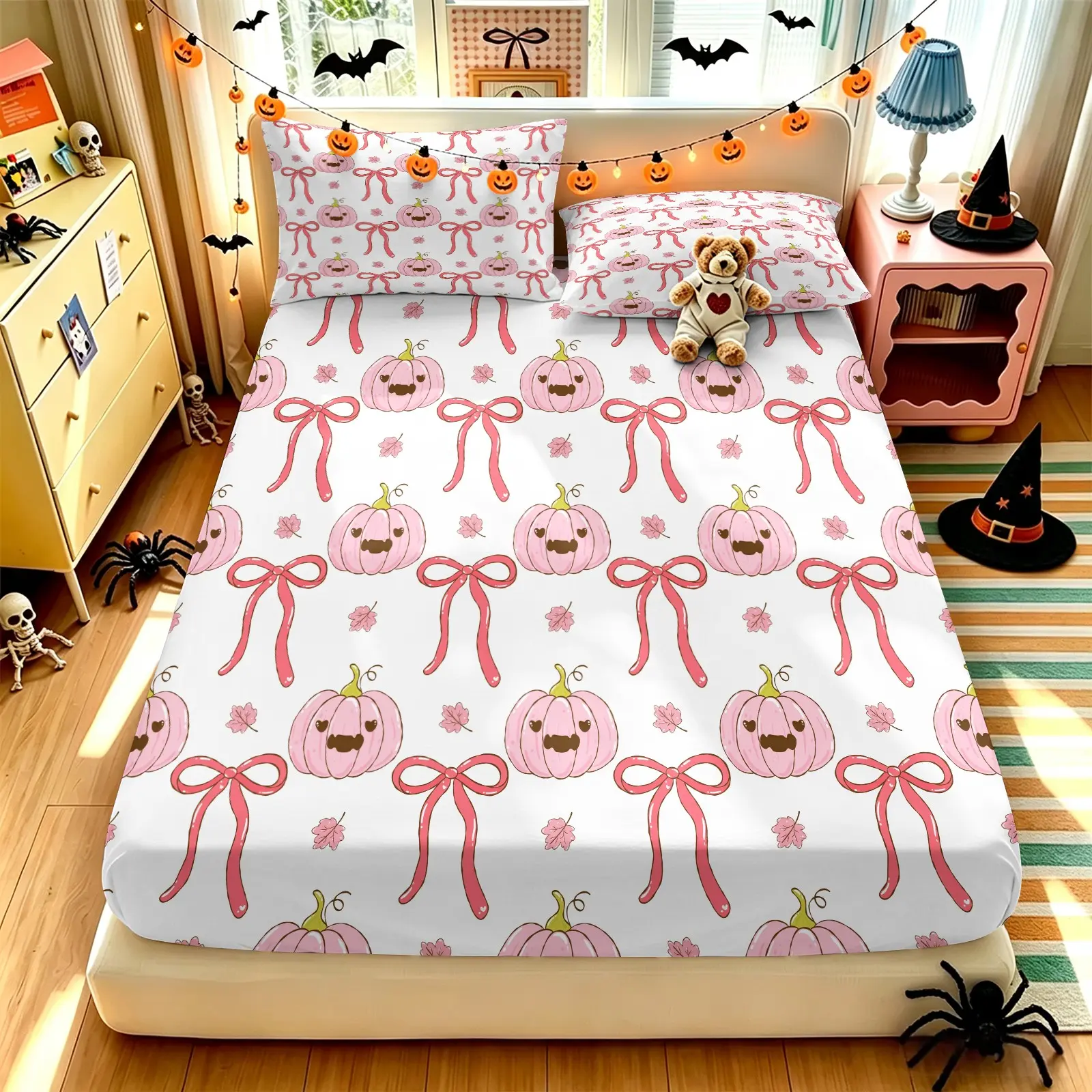 Cute Coquette Pink Bow Pumpkin Halloween Fitted Sheet Set (1 Fitted Sheet + 2 Pillowcases), Lovely Cartoon Smiley Pumpkin Print, Skin-Friendly Elastic Deep Pocket Bed Sheets, Girly Aesthetic Halloween Bedroom Decoration
