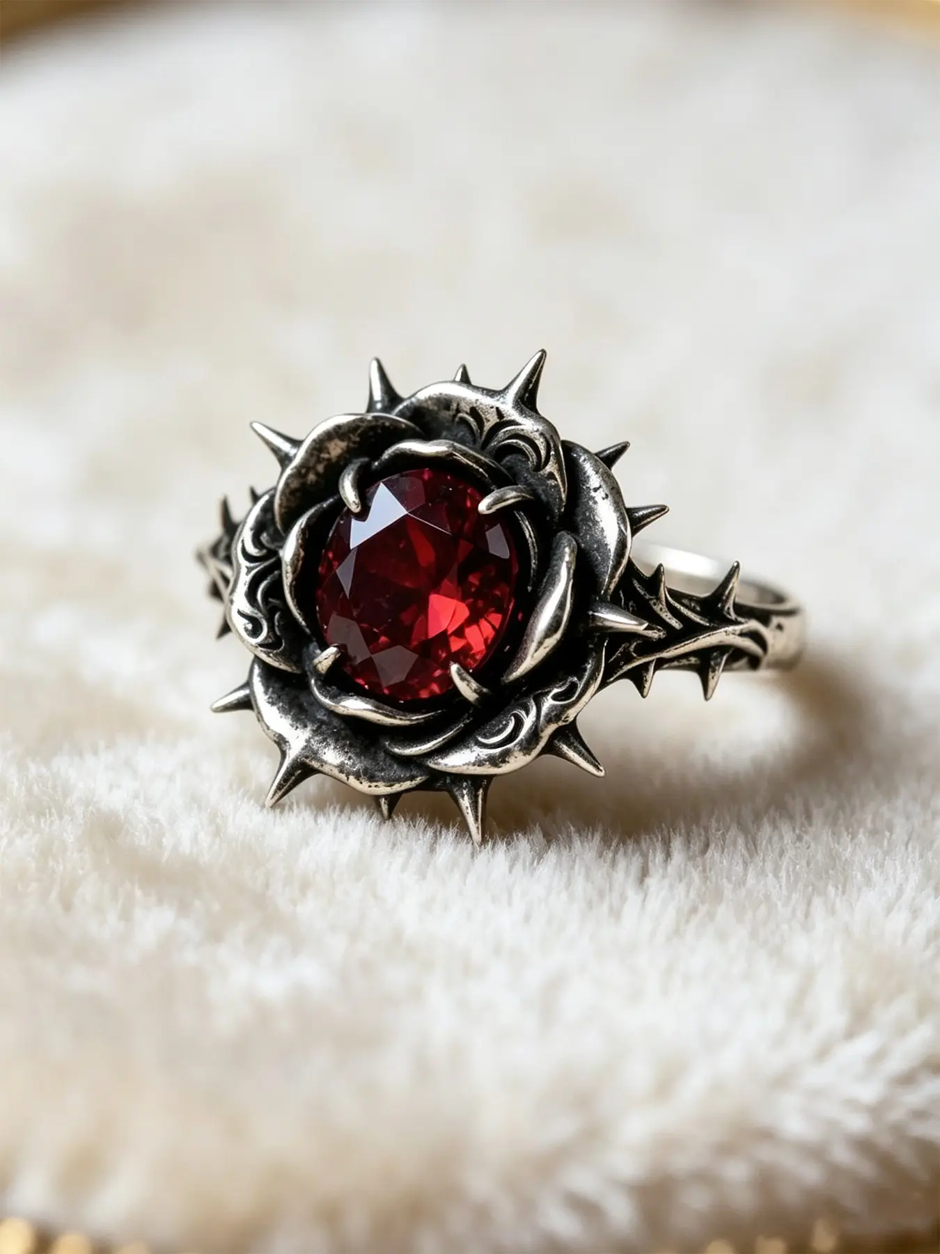 1 Piece Vintage Punk Thorn Floral Rose Ring, Unique Ring, Round Red Cubic Zirconia Inlaid Dark Gothic Statement Finger Ring, Dainty Grunge Daily Party Fashion Stackable Costume Jewelry For Ladies
