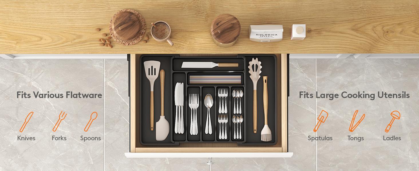 Utensil Organizer for Kitchen Drawer, Expandable Cooking Silverware Tray, Adjustable Cutlery Flatware Holder, Plastic Spatula Tools Storage Divider, 13-22.4 x 15", Black