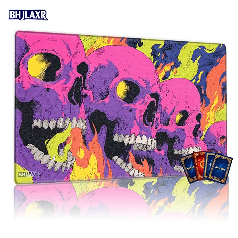 Neon Pink Purple Skull & Fiery Flames MTG Playmat 12x24inch Non-Slip, Surreal Pop Art Design for TCG Card Games, Perfect for Party & Home Use, Ideal Gift for Gamers