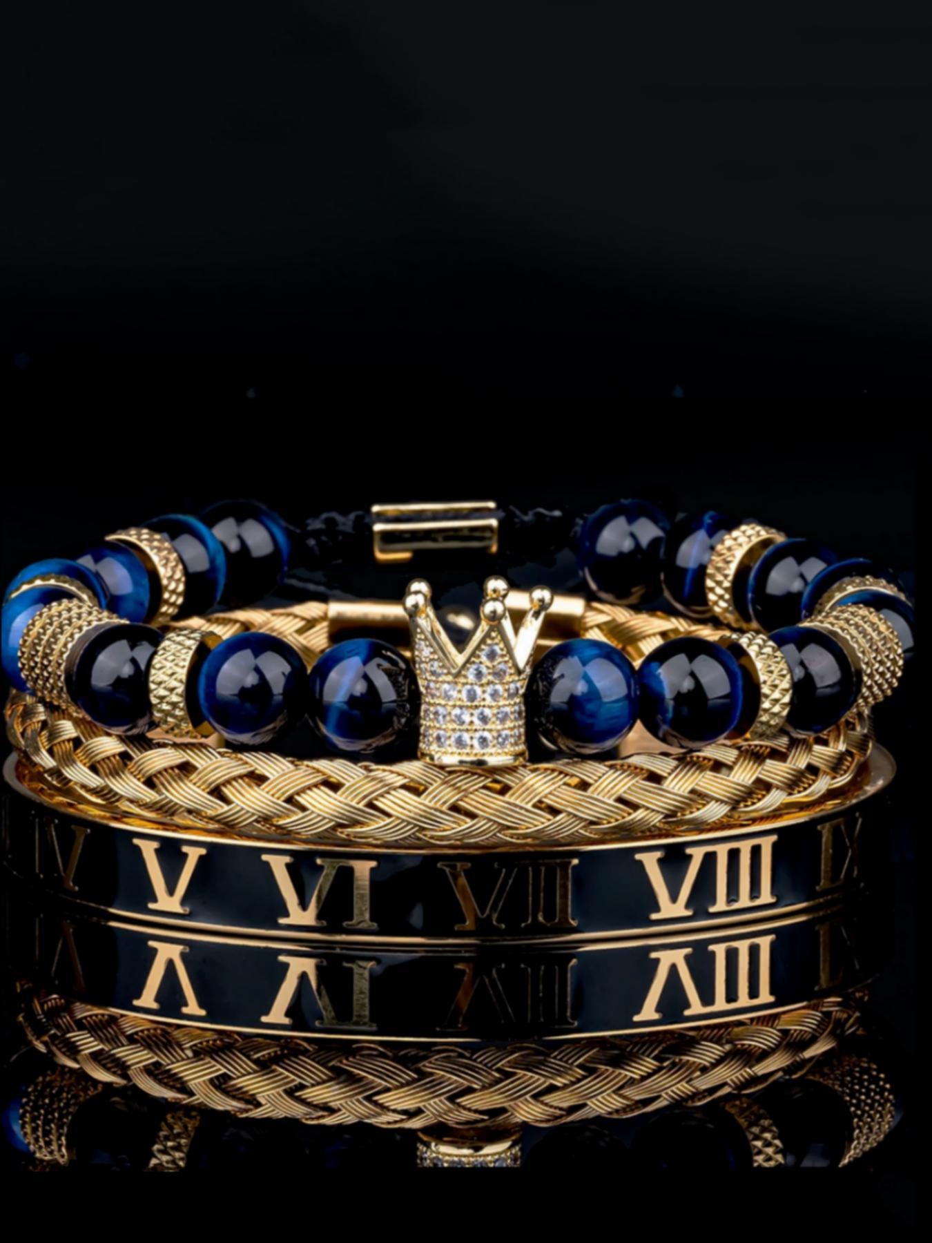 Men's Black Onyx Bracelet Set, Rhinestone Crown Decor Beaded Bracelet, Braided Bracelet, Rhinestone Decorated Bracelet, Bracelet for Men, Jewellery Accessories for Gift, Accessories, Bracelets