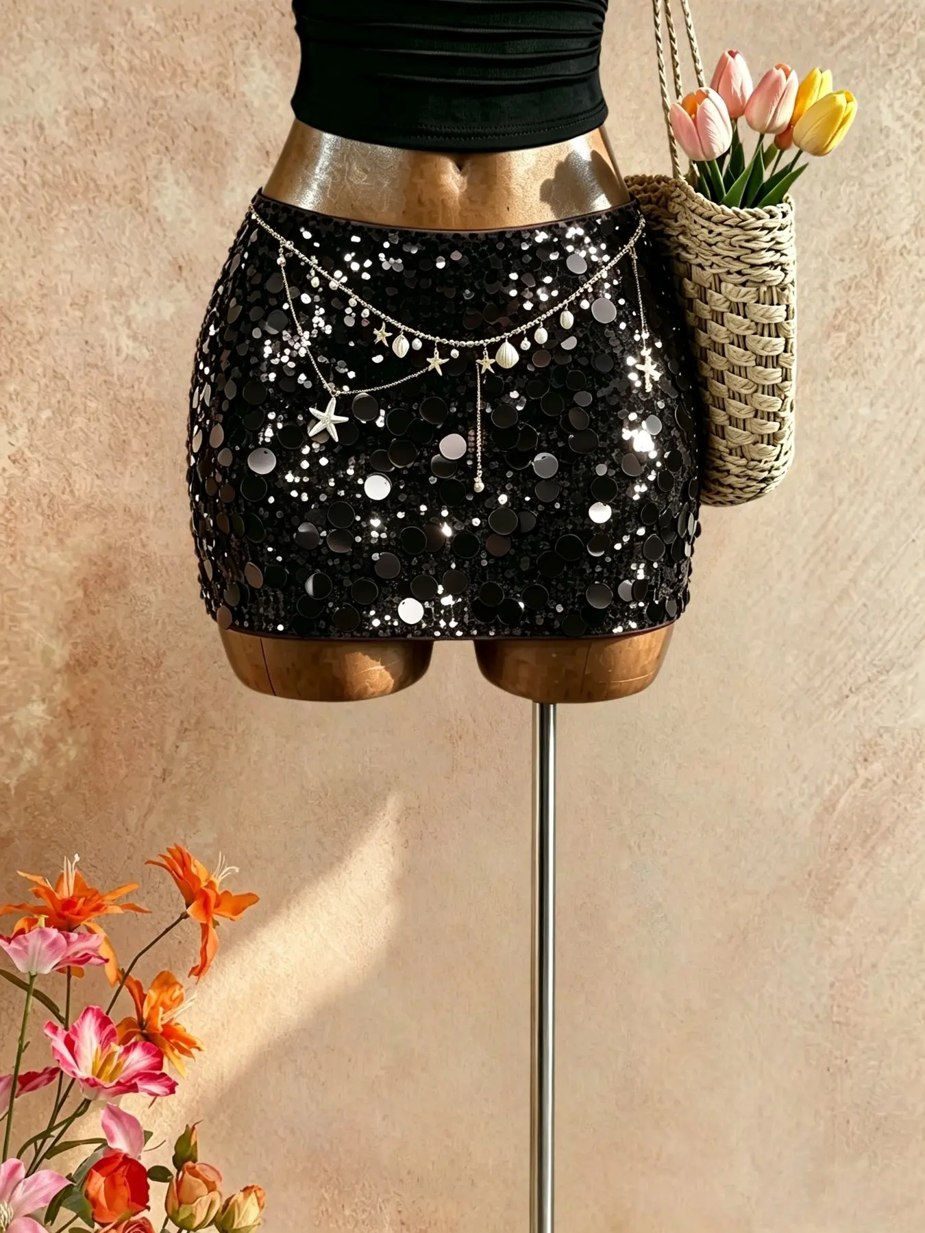 Women's Glitter Large Round Sequins Ultra-Short Skirt, High-Waisted Flattering Silhouette Bodycon Pencil Skirt, Nightclub Party Shiny Short Skirt, Trendy Streetwear, Shimmering Skirt