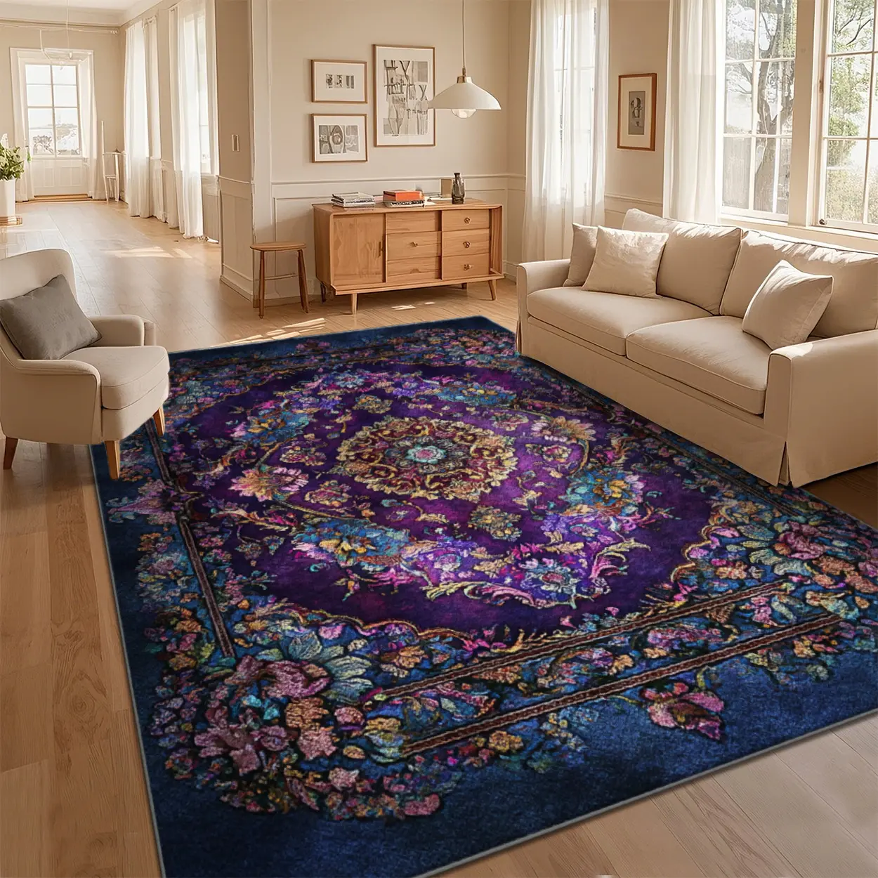 Local Delivery Multi Sizes Velvet Deep Purple Radial Mandala Vintage Ornate Floor Rug Washable Non Slip Boho Farmhouse Runner Nursery Indoor Decor Rug