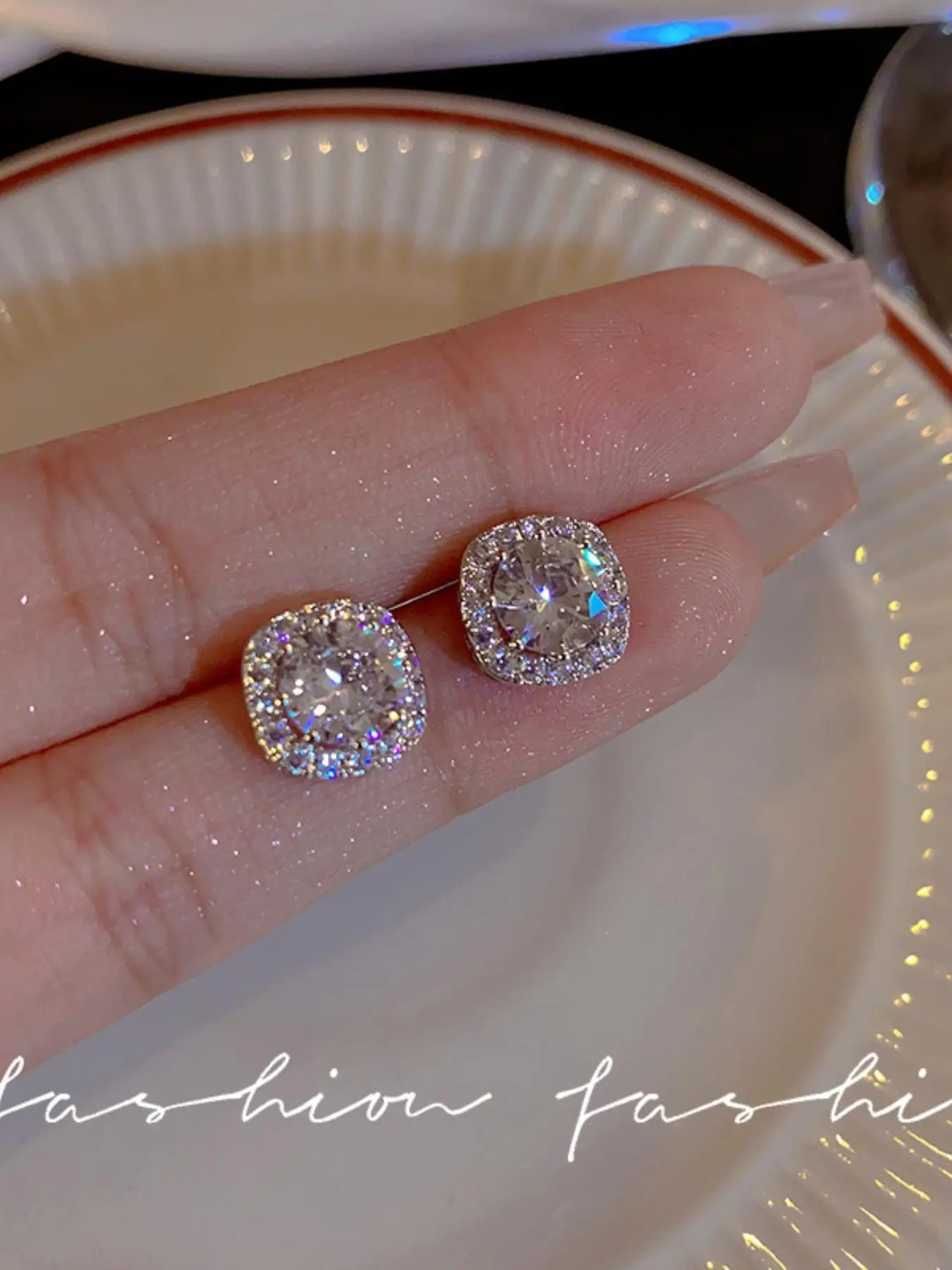 Elegant Zircon Square Stud Earrings, Vintage Chic Style, Hypoallergenic Metal Base, Perfect for Office Wear, Ideal for Gatherings