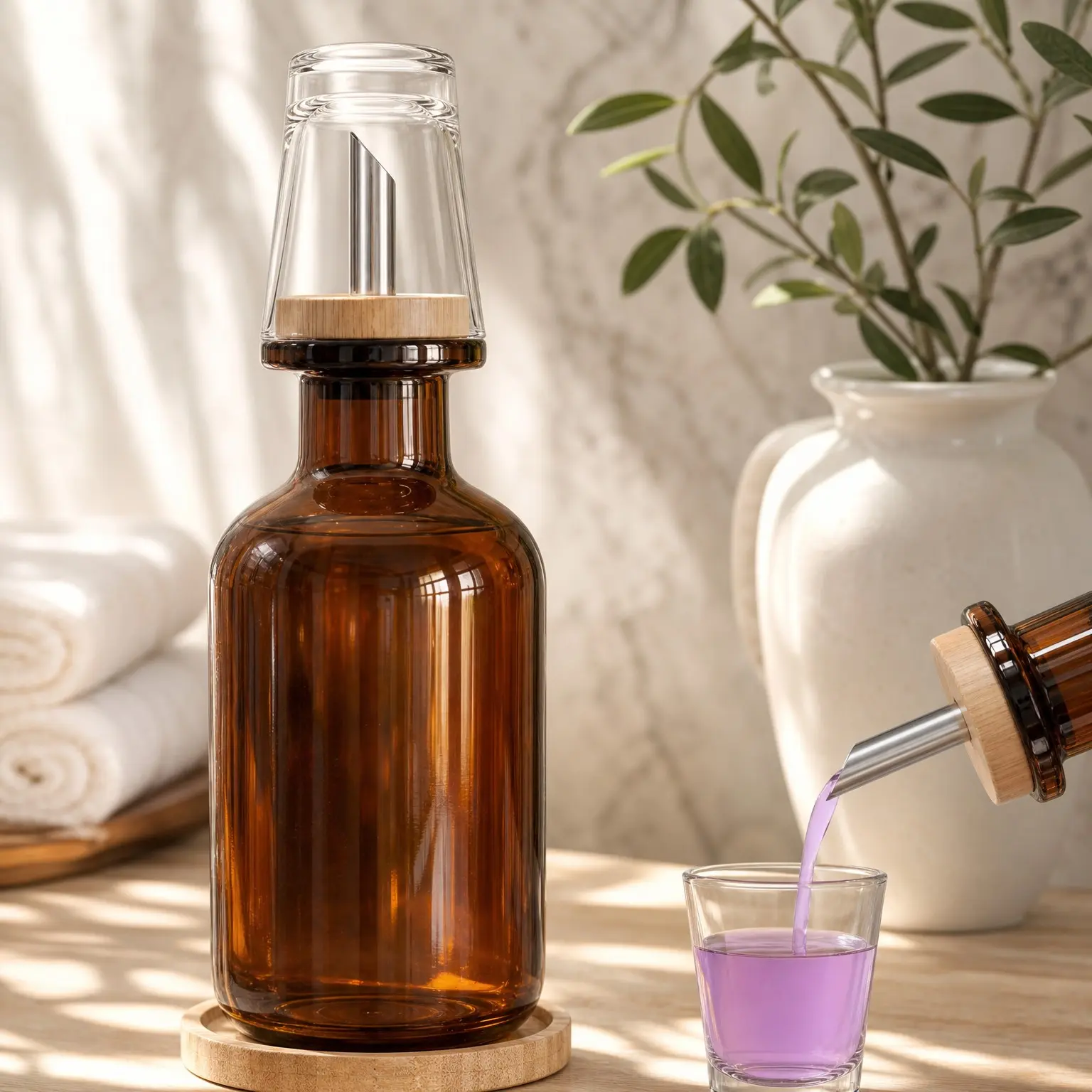 Amber Glass Mouthwash Dispenser for Bathroom - Refillable Mouthwash Container with Glass Cup - Modern Boho Decor for Office, Airbnb, HotelGift