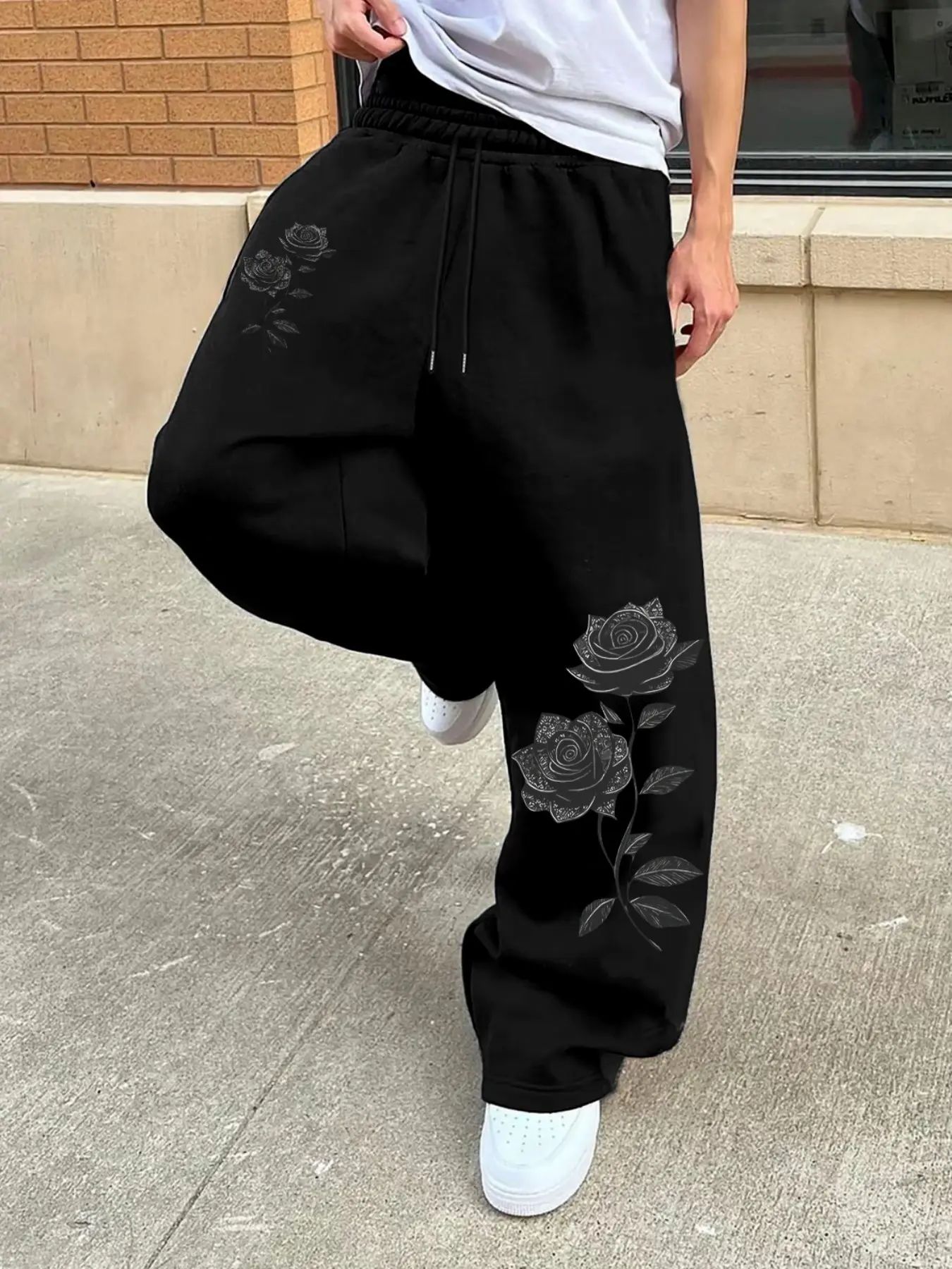 Men's Rose Print Drawstring Waist Sports Pants, Casual Comfortable Jogging Pants, Classic Versatile Fashion Men's Pants