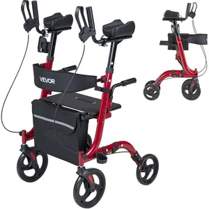 VEVOR Upright Rollator Walker for Seniors, Foldable Lightweight Aluminum Mobility Aid with Seat, PVC Solid Wheels, Adjustable Handle, Storage Bag, Cup-Cane Holder - Supports 300LB