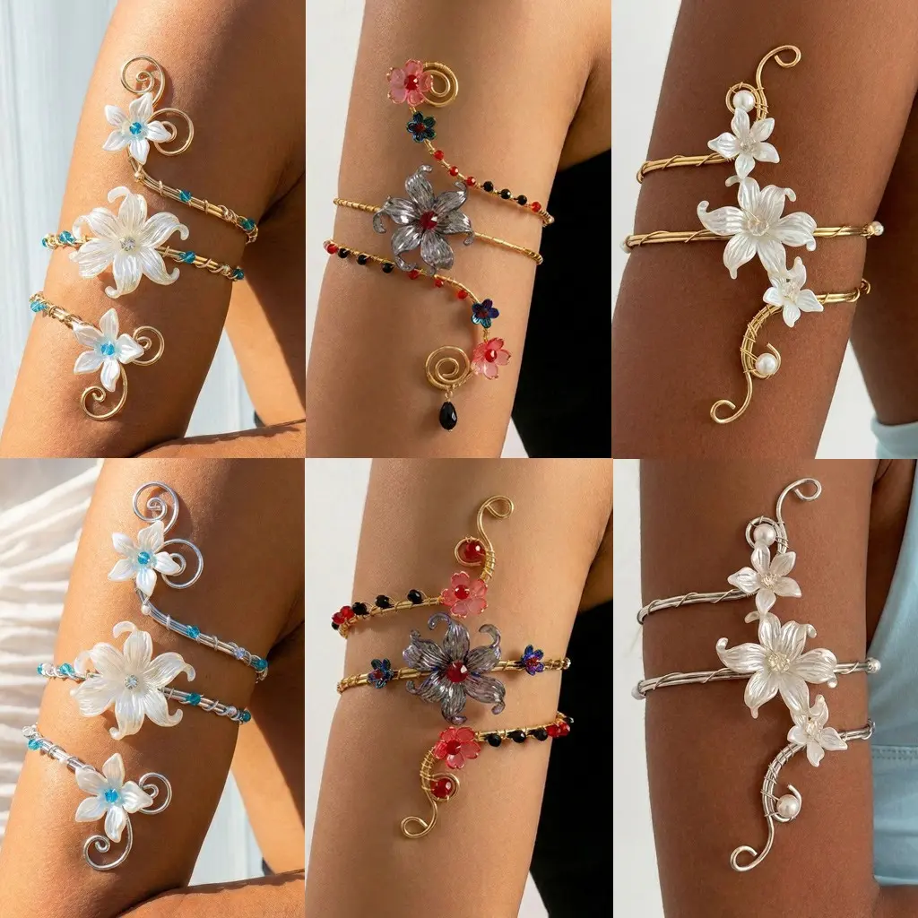 Boho Flower Arm Cuff Bracelet for Women, Handmade Floral Upper Arm Bracelet with Shell Details, Bohemian Beach Jewelry, Festival Party Accessory for Summer Vacation, Holiday Outfit and Special Occasions