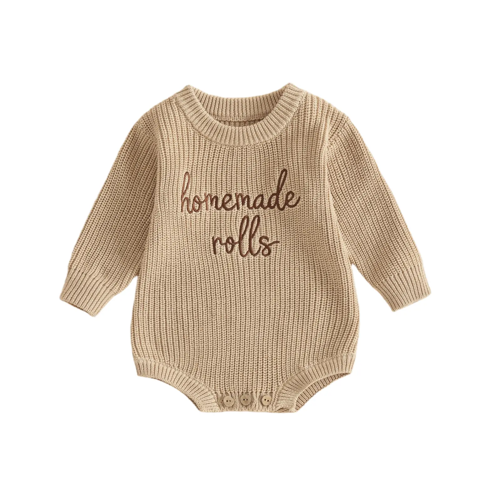 Babamoon Newborn Infant Baby Girl Boy Thanksgiving Knit Romper Homemade Rolls Embroidered Long Sleeve Sweater Bodysuit 0-18M