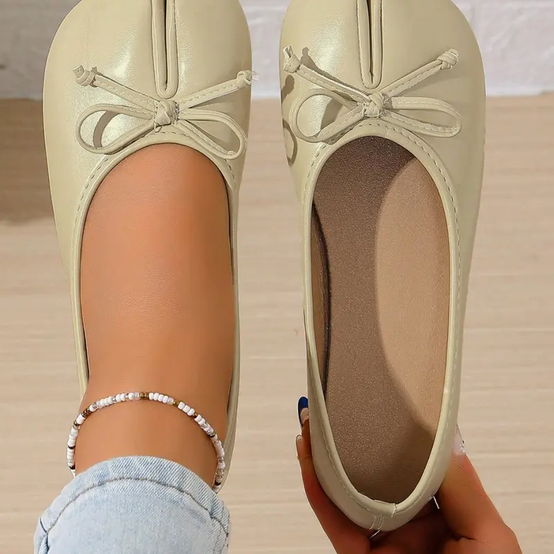 Women's Casual Split-Toe Flats with Bow Detail, Vintage-Inspired Slip-On Shoes