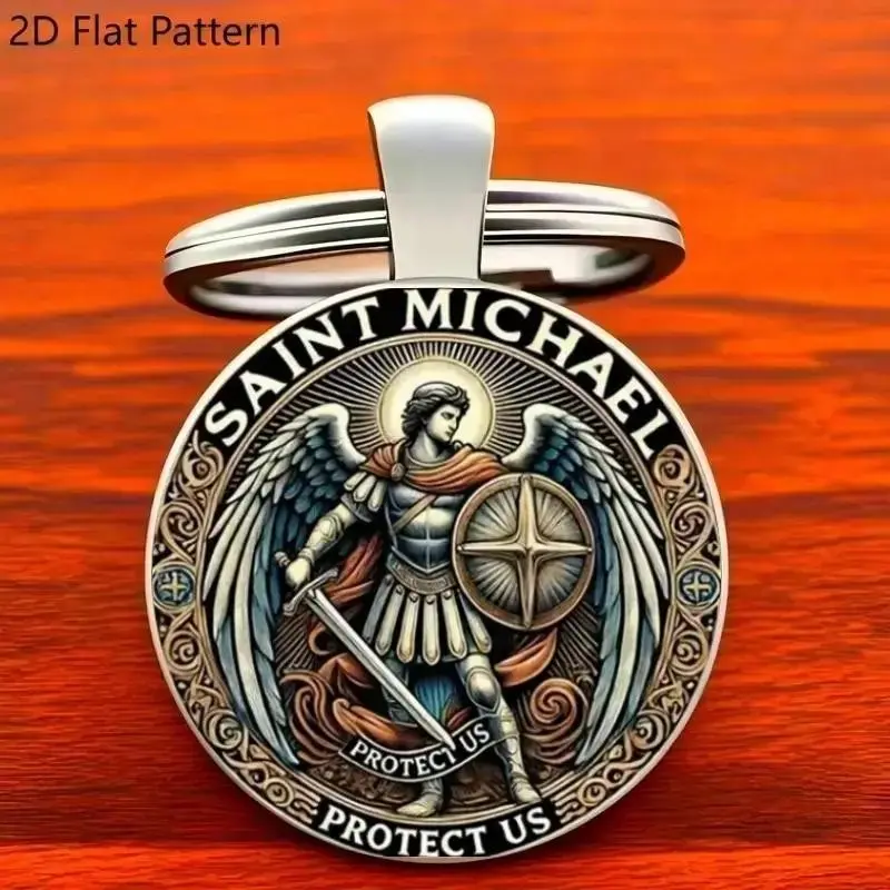 Saint Michael Defender Zinc Alloy Keychain, 2D Battle Design, Protective Inscription, Men's Durable Key Chain, Religious Gift, Polished Pendant, Key Rings Heavy Duty