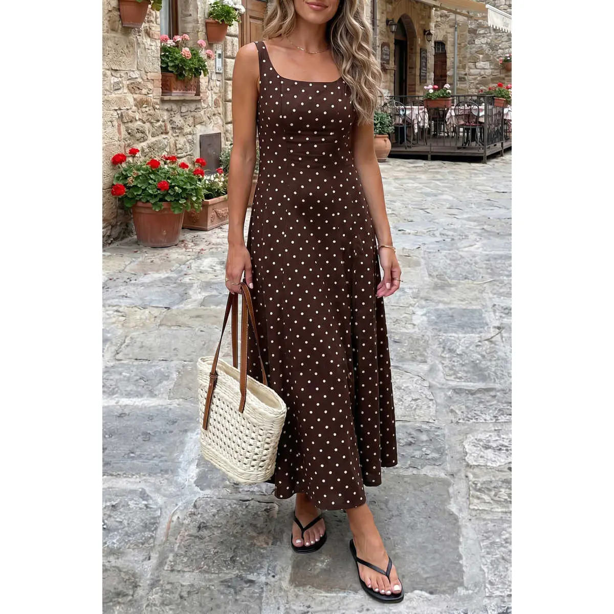 PHEFEE Women's Polka Dot Maxi Dress in Soft Viscose, Sleeveless Square Neck Design for Feminine Day Elegance, Summer Vacation Casual Wear, Sundresses, Cute Lightweight Casual Dresses Beach Womenswear Breathable Brown Elegant Flowy High Waist Suits
