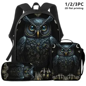3pcs Owl-Themed Backpack, Shoulder Bag, Pouch with 2D Flat Print. Dark Metallic Owl Design, Gothic Fantasy Style. Ideal for Young Adults in Daily Commute, Travel, Or Study