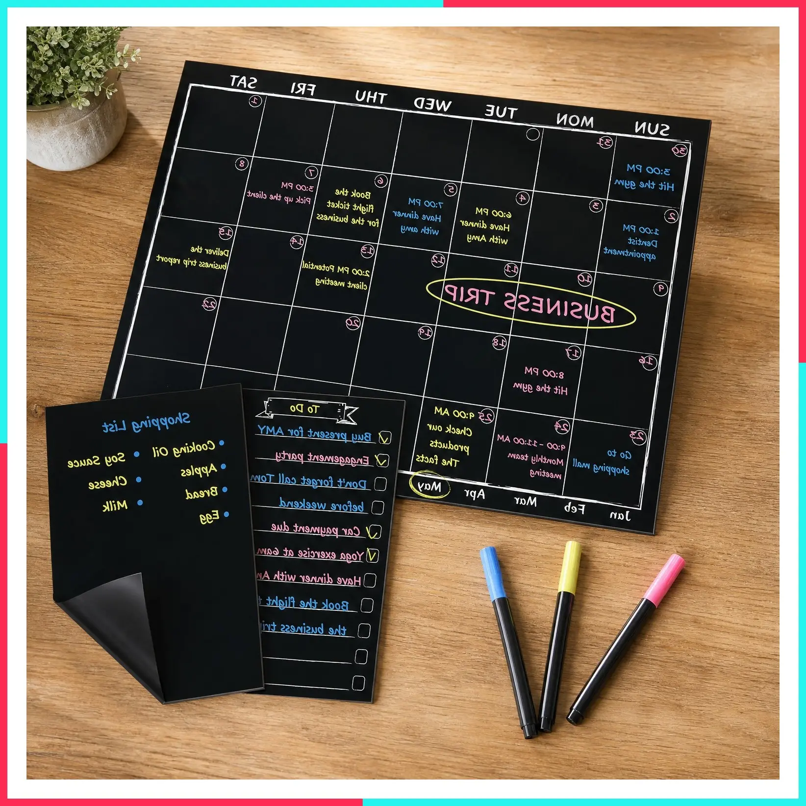 Magnetic Chalkboard Monthly Calendar with Neon Bright Liquid Chalk Markers – Black Refrigerator Monthly Planning Board with Bonus Grocery List and Notepad for Kitchen
