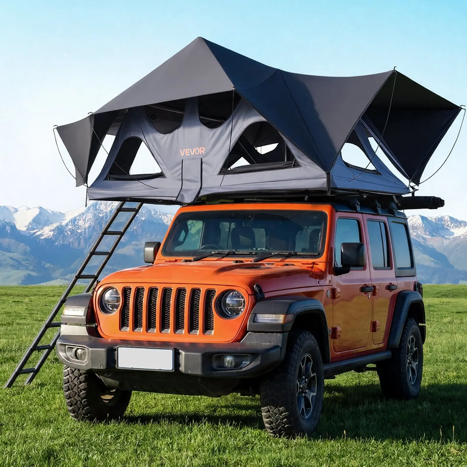 VEVOR Aluminum Shell Foldable Tent, 2-3 Person Rooftop Tent with Tri-Color LED Light, Thick Mattress, 10 Windows, Waterproof Windproof Design, Roof Rack Fit for Jeep SUV Pickup