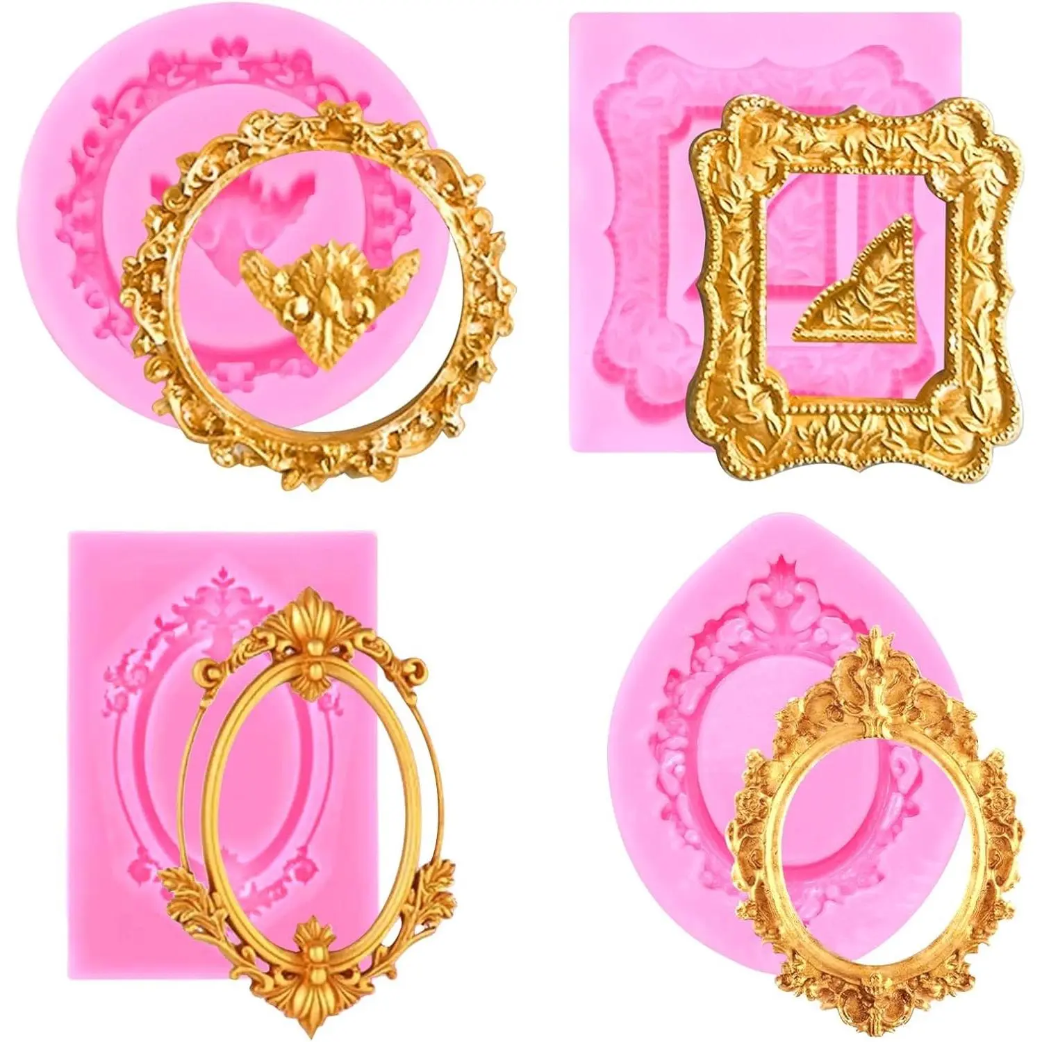 4Pcs Silicone Frame Chocolate Mold, Baroque Style Air Dry Clay Molds Fondant Photo Frame Mold, Frame Mold for Crafts, Baking, Cupcake Topper, Cake Decoration, Chocolate Candy