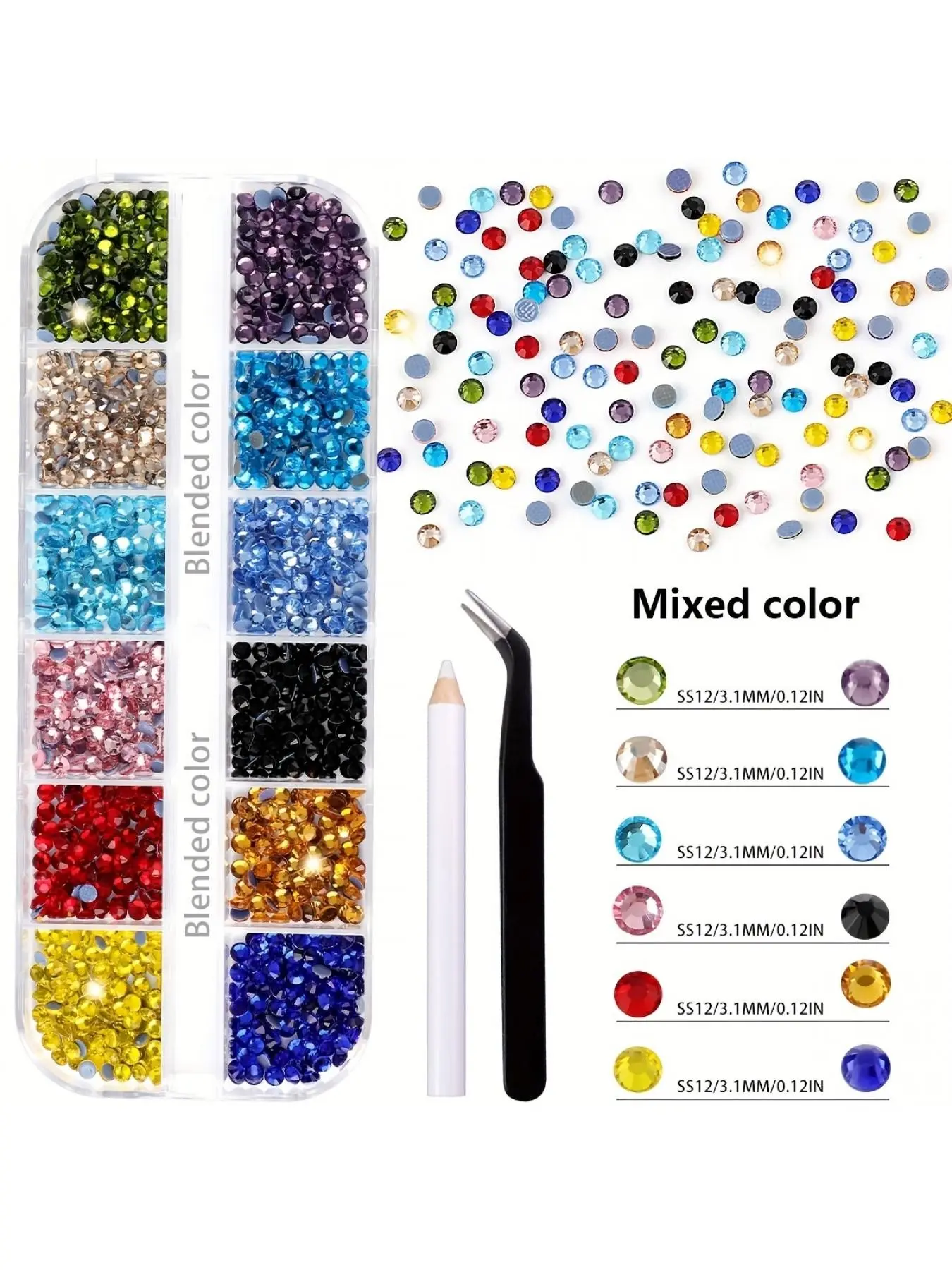 12-compartment box set of hot-fix glass rhinestones, suitable for clothing decoration, nail rhinestones, nail art supplies, DIY on clothes, bags, shoes, accessories, and other decorative crafts. (Tool included)