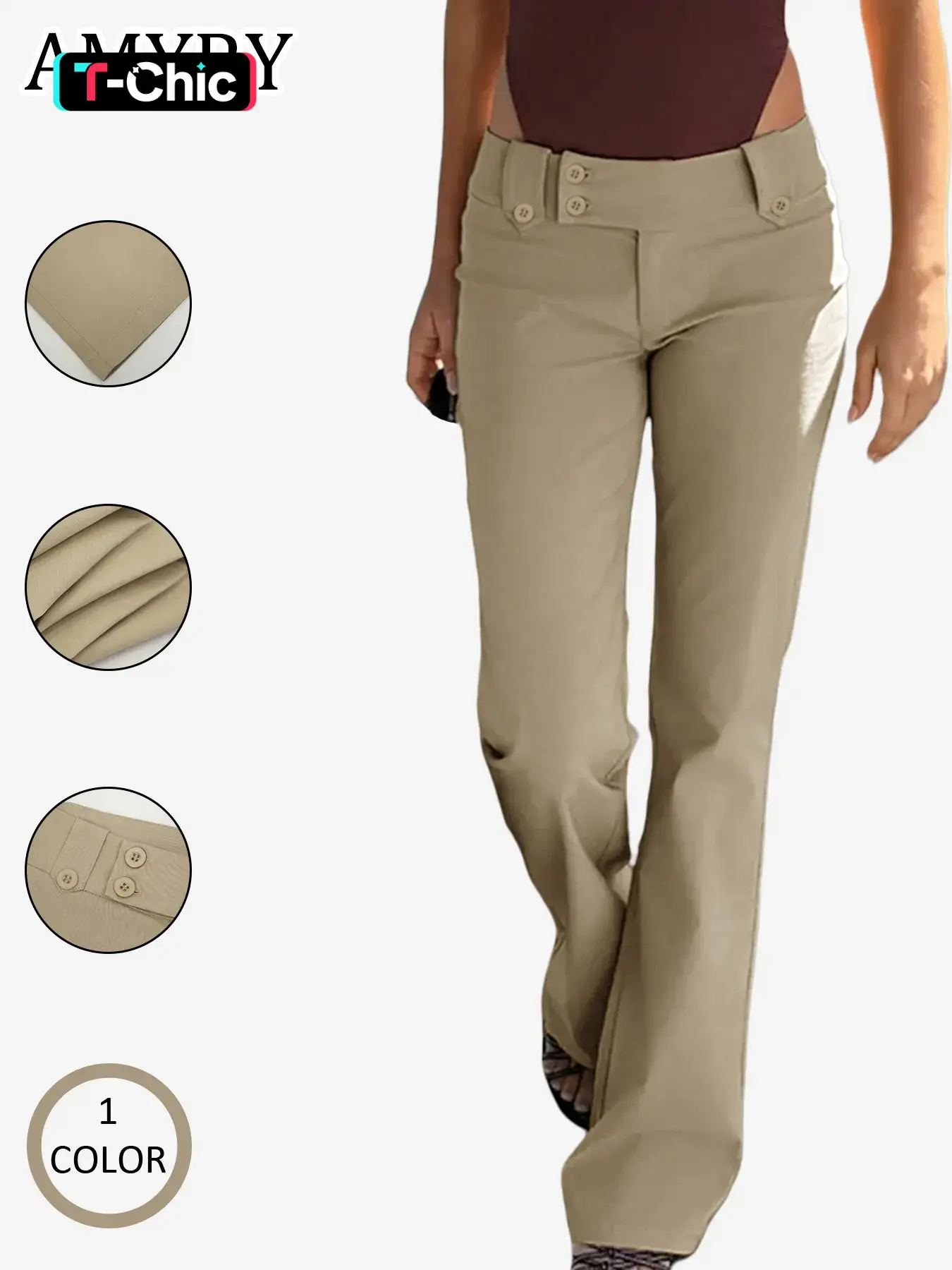 Women's Patchwork Trousers, Slim-Fitting Casual Long Pants, Olive Micro-Elastic Vintage Low-Waist Wide-Leg Jeans