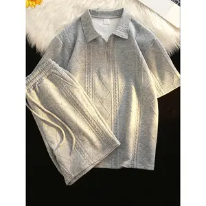 Retro Style 2pcs Men's Casual Summer Outfit Suits, Geometric Pattern Design Short Sleeve Lapel Shirt Top And Shorts Suit