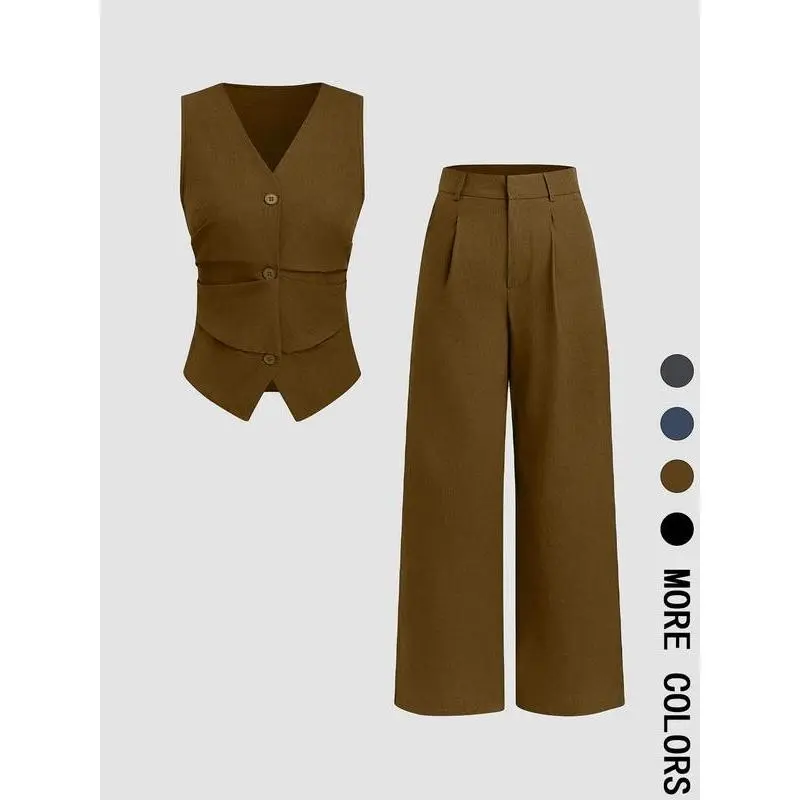 Two-piece Set Women's Solid Color Vest Blazer & Wide Leg Pants Set, Elegant Fitted Fashion Casual Two-piece Set for Daily Outdoor Wear, Women Clothing for All Seasons, Suits