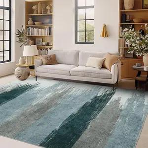 Modern Distressed Teal Washable Area Rug - Low-Pile Soft Indoor Carpet, Non-Slip Rubber Backing for Bedroom, Living Room